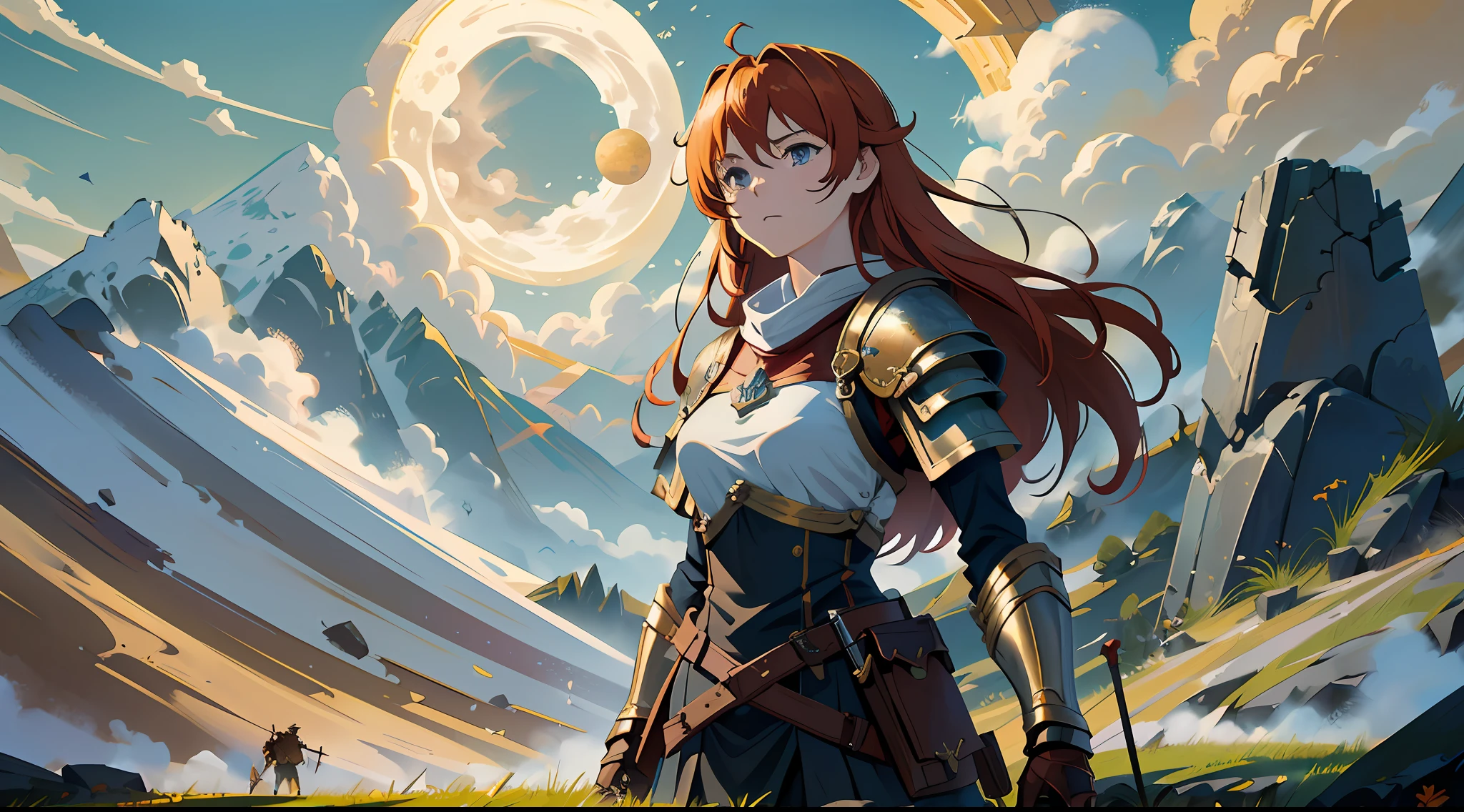 (super detailed), (masterpiece), (top quality), shining moon, (highly detailed CG unit 8k wallpaper), 22-year-old red-haired girl looks up, fantastic medieval warrior standing on a hill and looking at the battlefield below him. He is dressed in full armor, holding a sword in one hand and a shield in the other. The sun is sinking into the horizon, creating a golden light that illuminates the field below. The air is tense with anticipation of an impending battle as warriors prepare to fight and lead them to concept art, movies, distorted clouds in the sky and highly detailed and stylized wallpapers