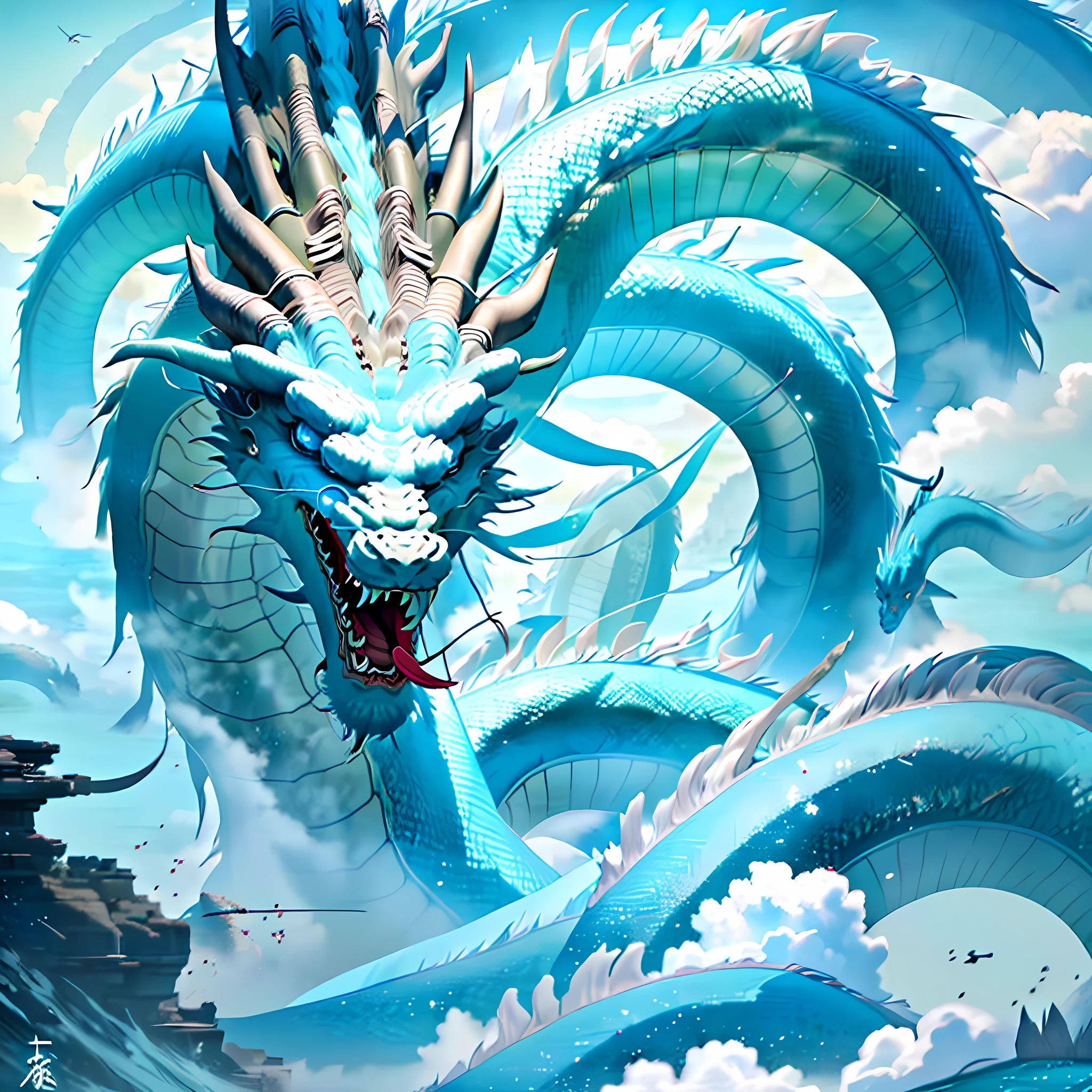 In the sky, there is a cyan Chinese dragon, head in the water, burrowing into the sea, entering the sea, sharp teeth, front, 4K, super detail,