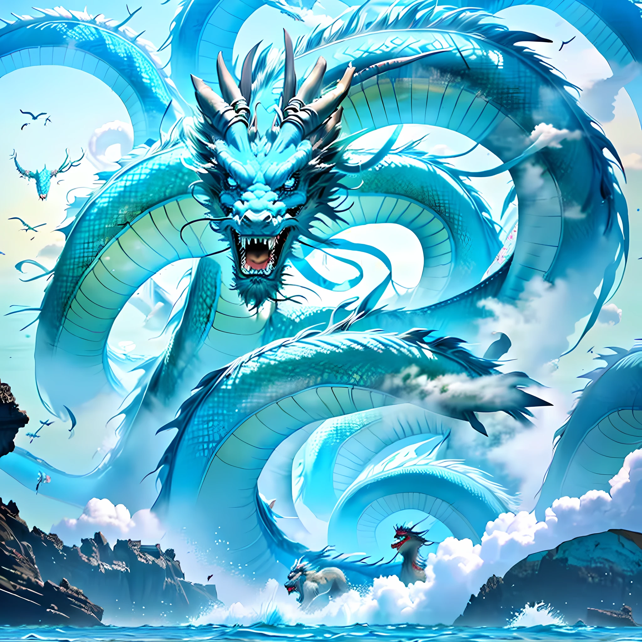 In the sky, there is a cyan Chinese dragon, head in the water, burrowing into the sea, entering the sea, sharp teeth, front, 4K, super detail,