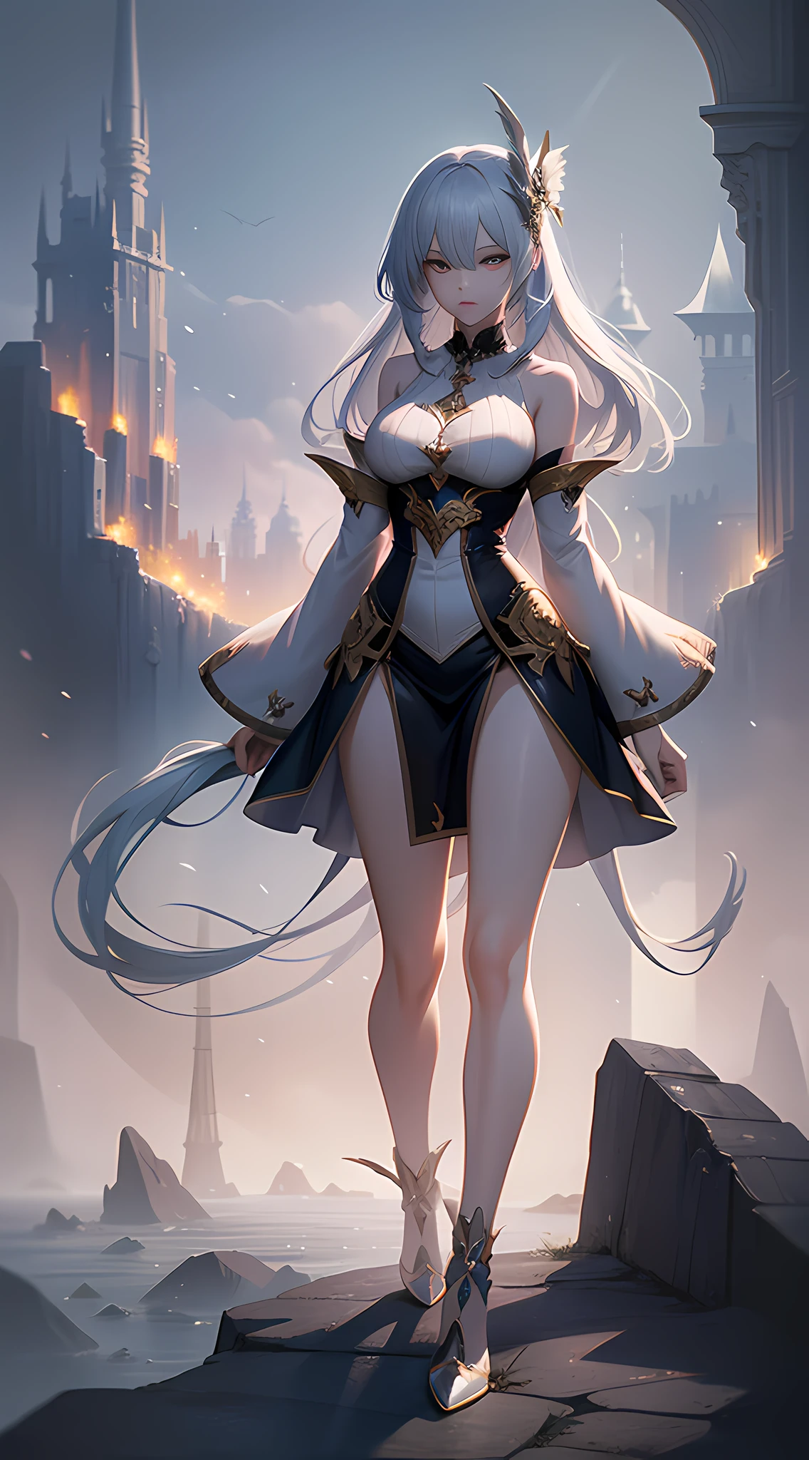 A woman in a white dress standing in smoke, fantasy art style, digital art fantasy, digital art fantasy, fantasy woman, ethereal fantasy, moody misty fantasy art, digital 2d fantasy art, guweiz, digital fantasy art), trending digital fantasy art, fantasy digital art, anime fantasy illustration, art cover, beautiful fantasy art, beautiful character painting, magic style, slender legs, perfect body proportions