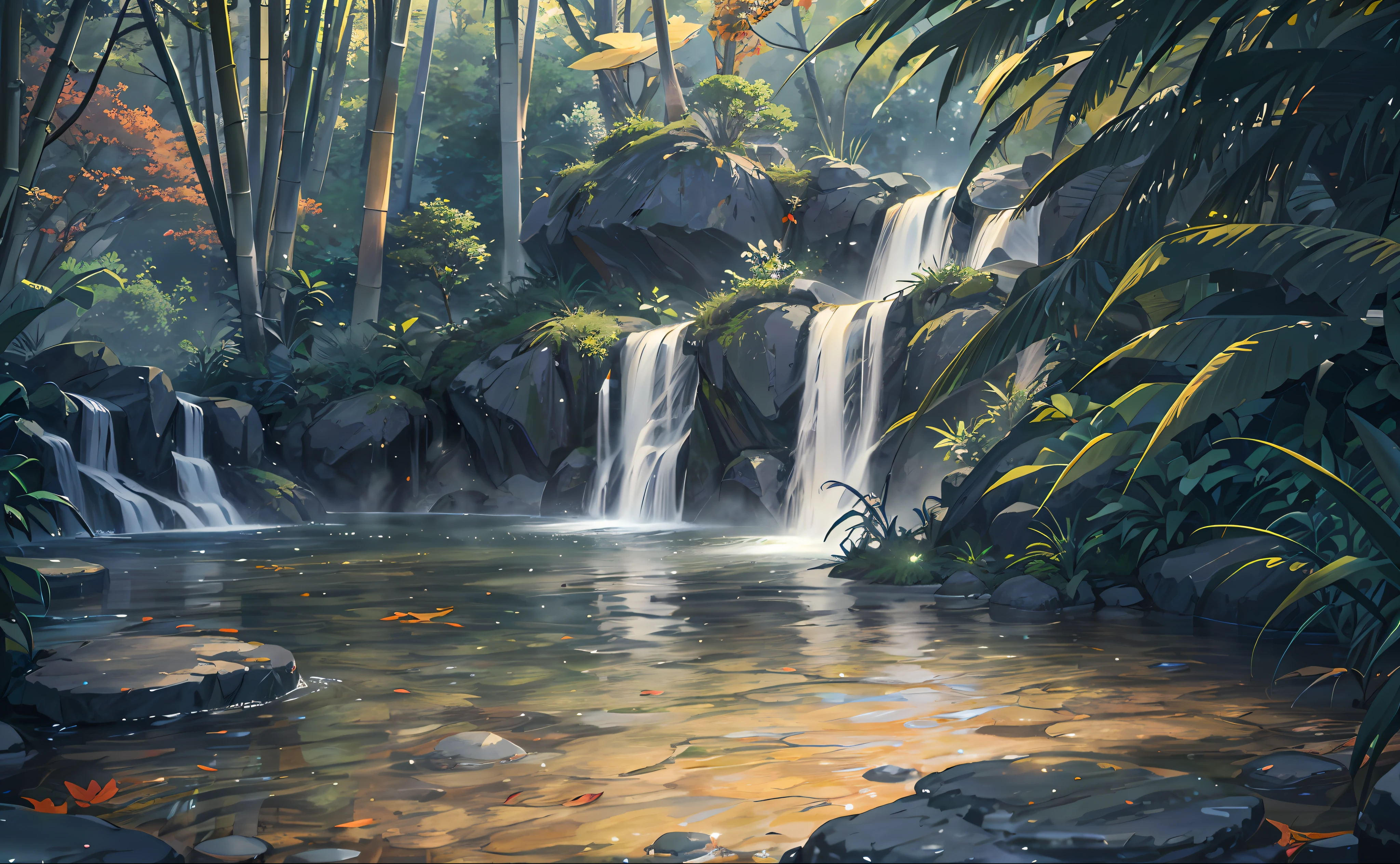 Autumn, ((looking up 1:1)) (hot springs 1:1), (water vapor 1:1), night, bamboo, corners, trees, running water, waterfalls, meadows, rocks, epic composition, realistic lighting, HD details, (very detailed CG unified 8k wallpaper) (high resolution: 1.1), super detailed, illustration, masterpiece, best quality, best quality, (masterpiece: 1.2), flooding, natural lighting, stargazing, open air, (water reflection), night sky, vivid lighting, close-up, clear water