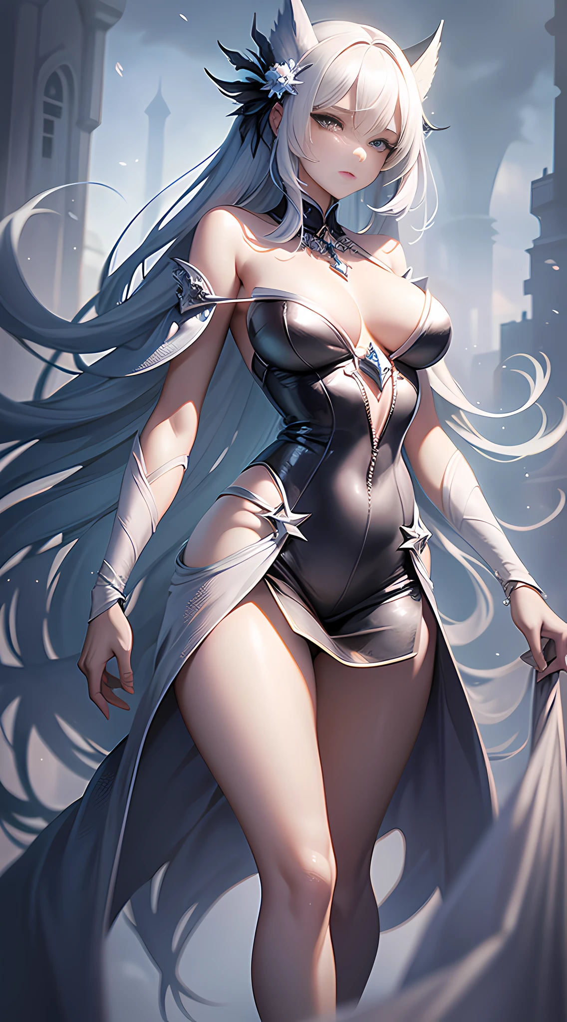 A woman in a white dress standing in smoke, fantasy art style, digital art fantasy, digital art fantasy, fantasy woman, ethereal fantasy, moody misty fantasy art, digital 2d fantasy art, guweiz, digital fantasy art), trending digital fantasy art, fantasy digital art, anime fantasy illustration, art cover, beautiful fantasy art, beautiful character painting, magic style, slender legs, perfect body proportions