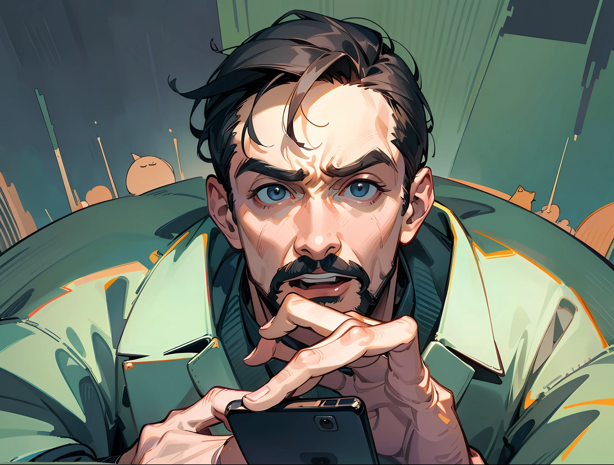 Masterpiece, best quality, a man looking at a phone with a surprised expression, smartphone, anger, dark room, Artie Guéland style
