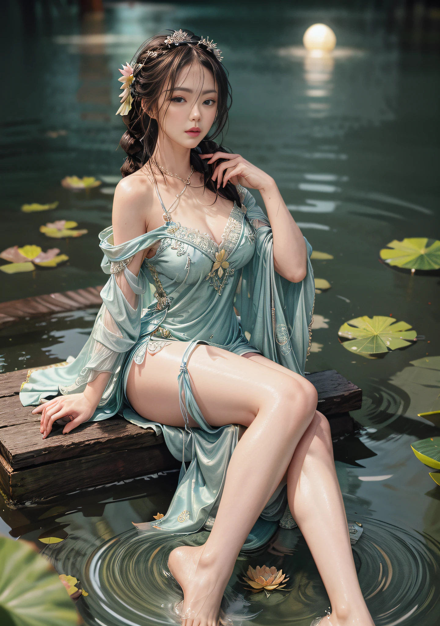 Sitting by a lake full of lotus flowers, feet playing in the water, the art depicts a charming woman with a melon face, dressed in a flowing, silky traditional oriental dress, long, aqua blue, decorated with intricate patterns and bright colors. Her dress drapes elegantly over her curvy figure, accentuating her seductive silhouette. She sits gracefully by the tranquil lotus lake, her feet playing in the water, bathed in the soft glow of the moonlight. The scene exudes an ethereal and dreamy atmosphere, with a touch of mystery and sexiness. The graphic style blends watercolor and digital illustration techniques to evoke a refined beauty and charm. The lights are filled with soft moonlight, casting soft highlights and shadows on her charming features. Bare thighs, big breasts, three-dimensional facial features, sitting, upturned legs, side braids