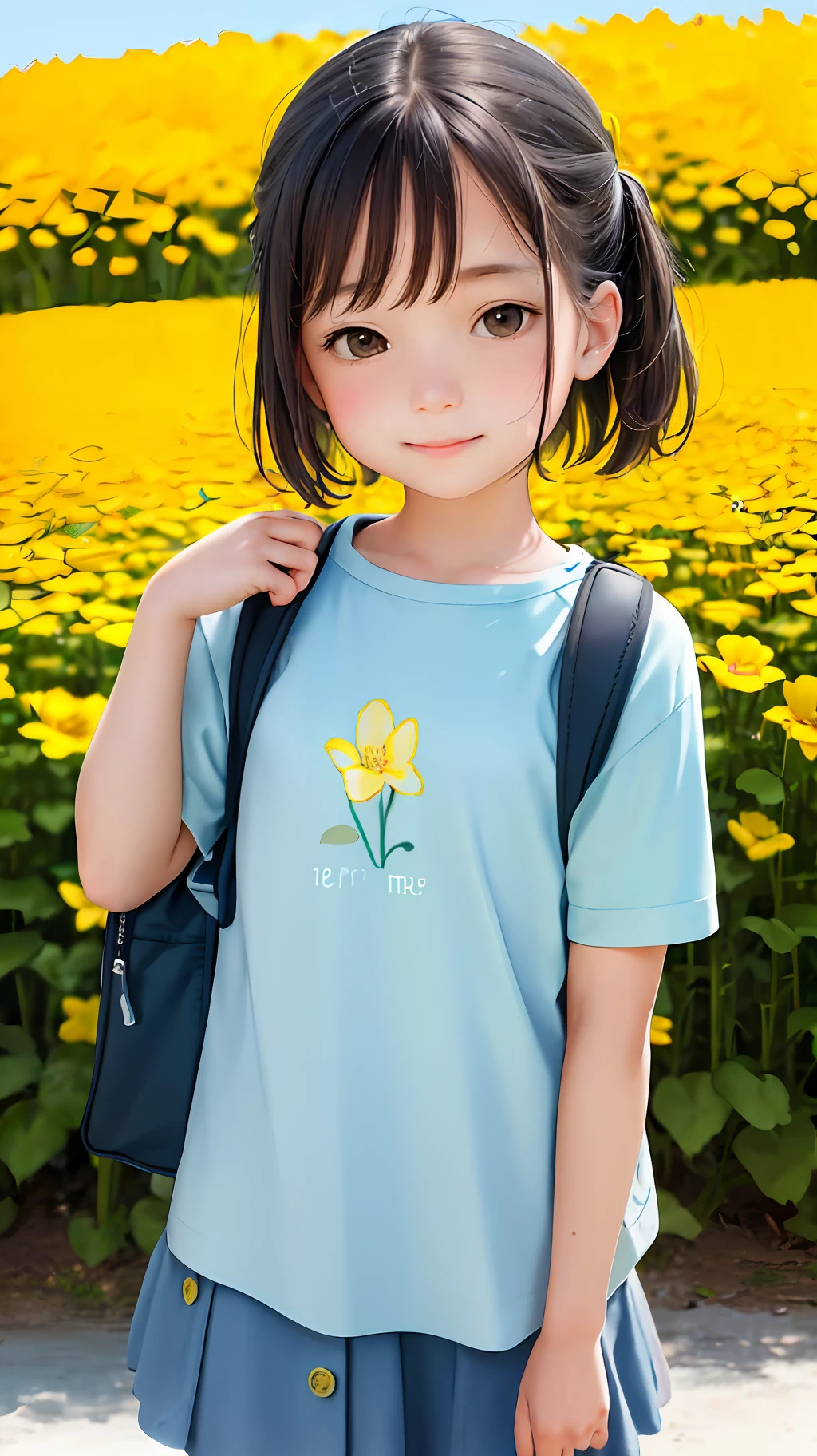 Tip: A very charming with a backpack and her adorable puppy enjoying a lovely spring outing surrounded by beautiful yellow flowers and nature. The illustration is a high-definition illustration in 4K resolution with highly detailed facial features and cartoon-style visuals.