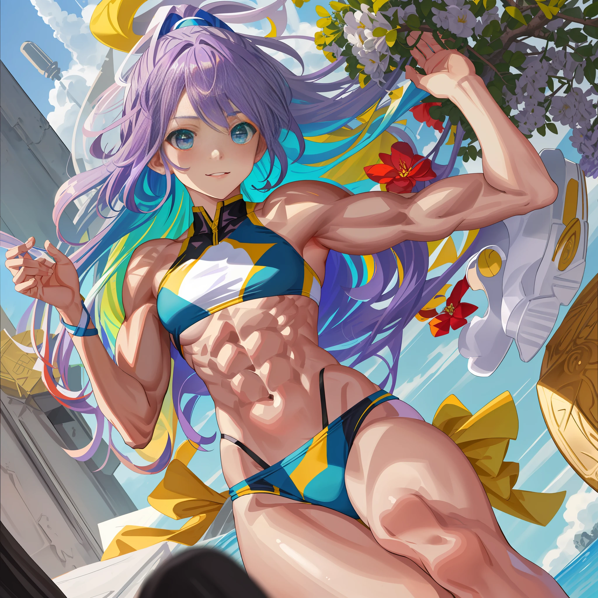 (Abs:1.2+Muscular:1.1+Athletic:1.1) Picture, best quality, ultrarealistic, highly detailed, an extremely delicate and beautiful, floating, dynamic angle and pose, , bright and shining blue eyes, (multicolored_hair+silver hair:1.2+red hair:1.1+purple hair+yellow hair:1.2+green hair:1.2), black sports clothes, white shoes, cheerful expression.