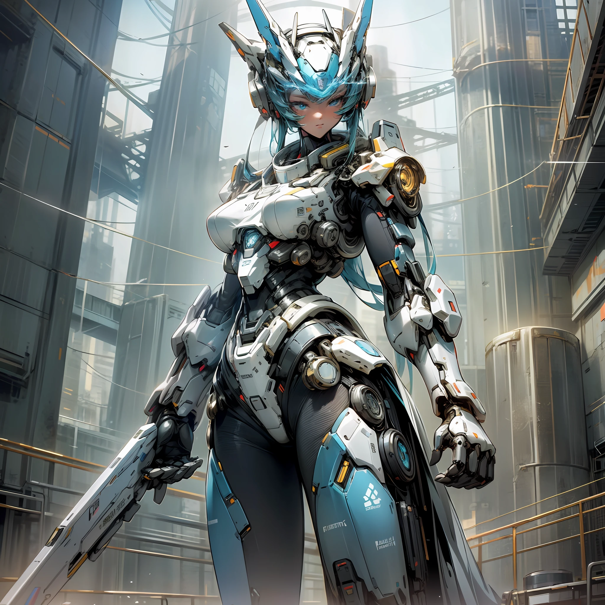 High image quality, perfect detail display, masterpiece level futuristic sci-fi scene. The tall robot beauty holds a shining weapon in her hand, her eyes shining. The backdrop is a futuristic city with a strong visual impact. The mecha element cannot be ignored, the perfect integration of the era and the future. --auto --s2