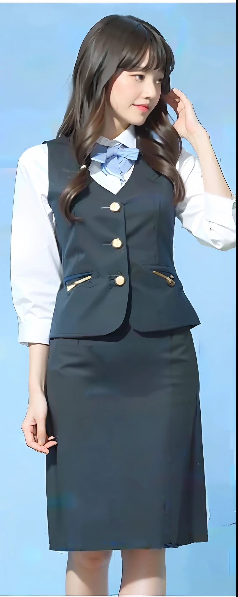 arafed woman in a blue skirt suit and white shirt, seifuku, office clothes, jk uniform, work clothes, wearing black vest and skirt, school uniform, business clothes, avant uniform, working clothes, with two front pockets, formal attire, magic school uniform, business attire, academic clothing, uniform, avant designer uniform, delightful, elegant suit