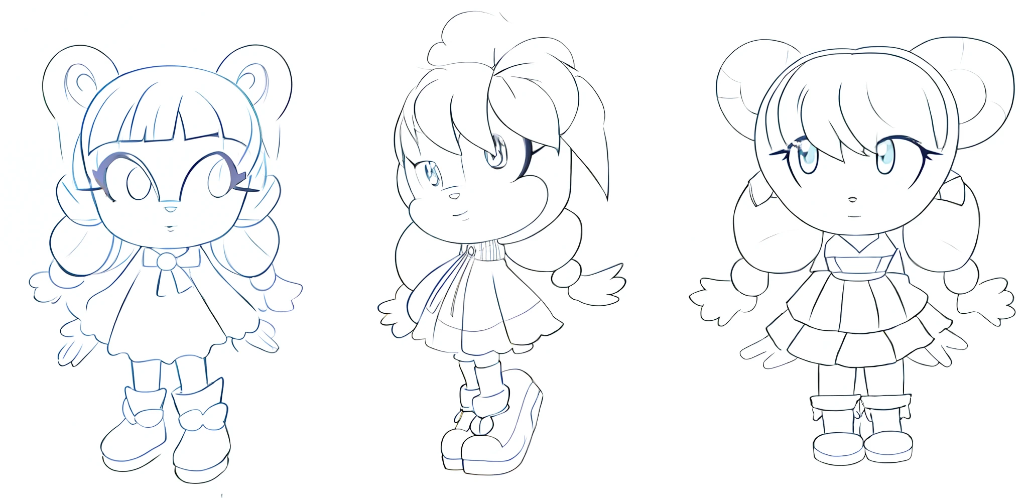 a set of three cartoon girls with different hair styles, chibi proportions, simple lineart, cel - shaded art style, chibi girl, clean anime outlines, stylized linework, character posing, thick lineart, character drawing, pixie character, clean lineart, line art!!, stylized character design, lineart, flat anime style shading, variable lineart