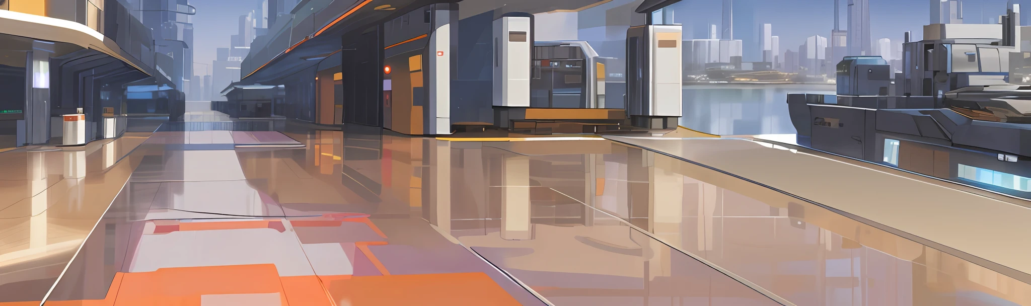 Technology sense glass floor, outdoor scene science fiction dock scene, full of technology, empty glass floor, modern, rich in details, glass, HD