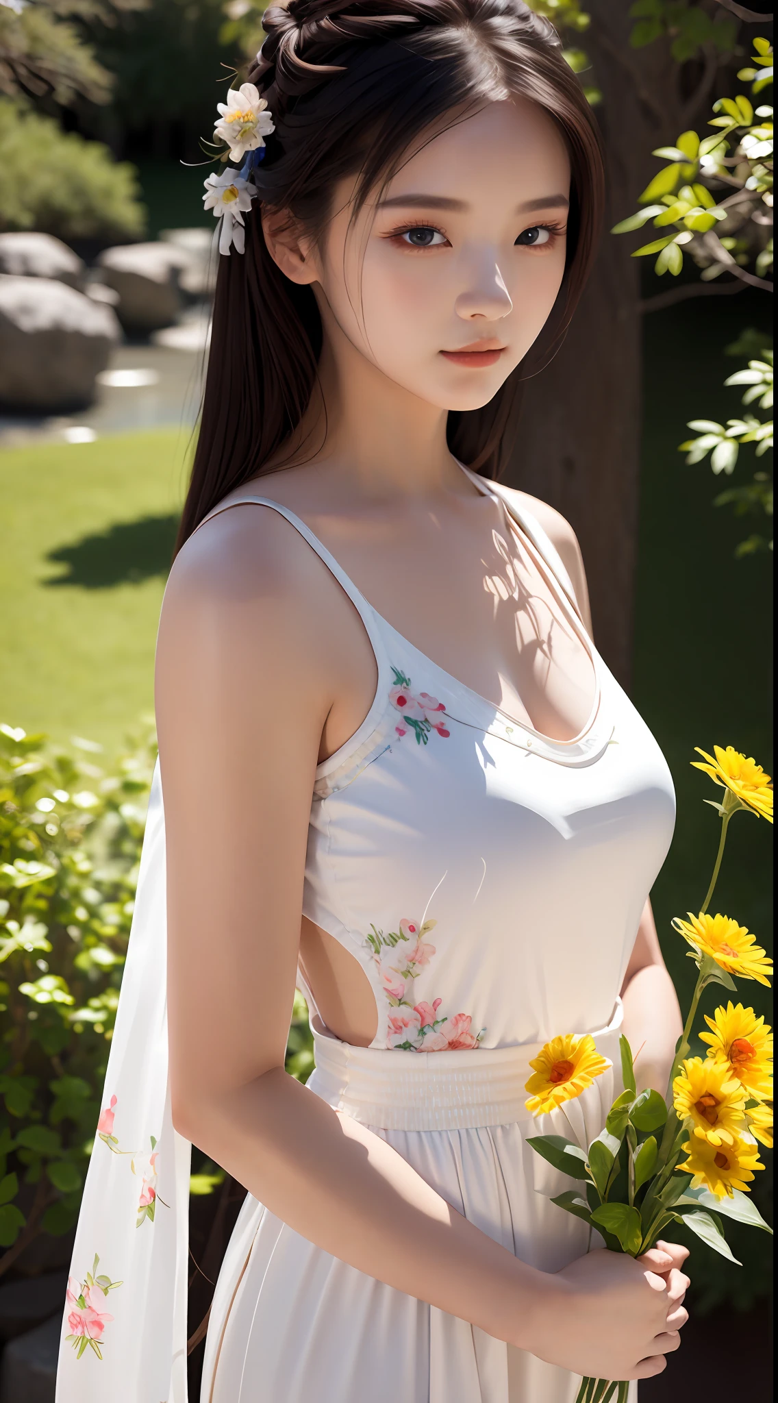 best quality,masterpiece,illustration,an extremely deciple and beautiful,extremely detailed,CG,unity,8k wallpaper,Amazing,finely detail,master,best quality,official art, extremely detailed CG unity 8k wallpaper, ridiculous, incredibly ridiculous, huge file size, super detailed, high resolution, very detailed, pretty detailed girl, very detailed eyes and face, beautiful detailed eyes, light on face, (Hanfu: 1.1), 1girl, Chinese white Hanfu, tall figure, full body photo, big breasts, bangs hairstyle, holding flowers