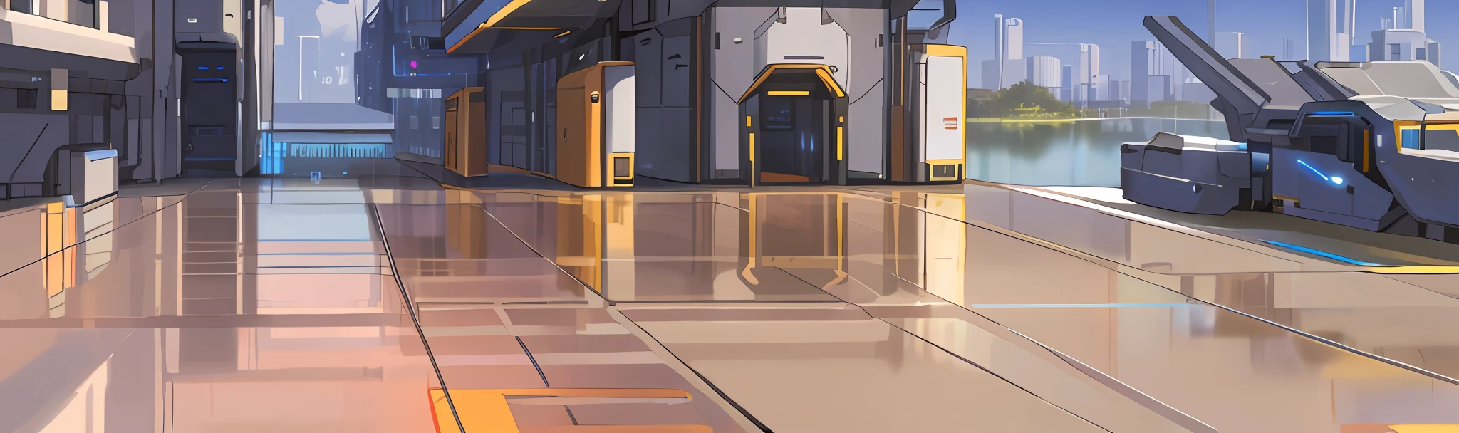 Technology sense glass floor, outdoor scene science fiction dock scene, full of technology, empty glass floor, modern, rich in details, glass, HD