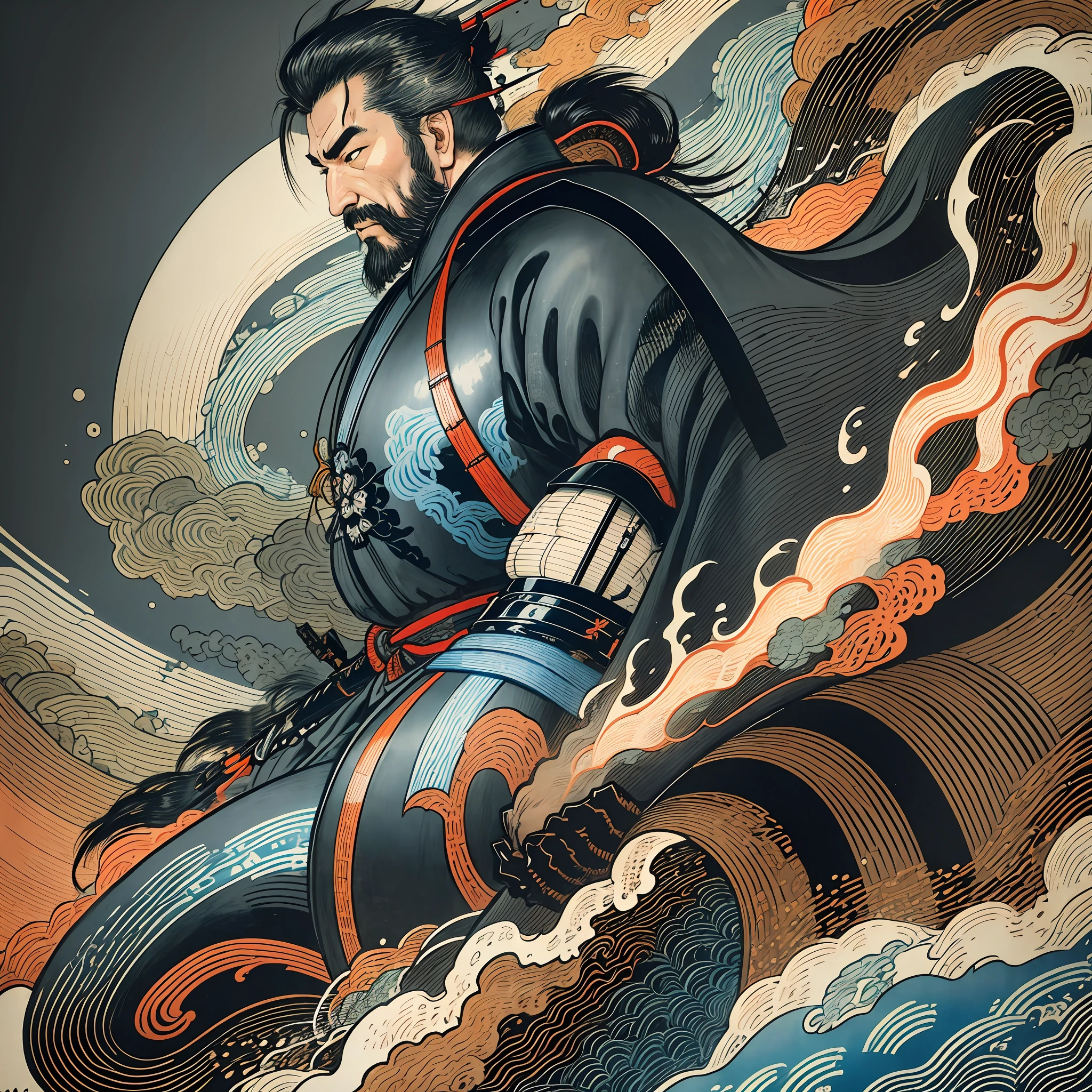 It is a full-body painting with natural colors with Katsushika Hokusai-style line drawings. The swordsman Miyamoto Musashi has a big body like a strongman. Samurai of Japan. He has a dignified yet manly expression of determination, short black hair, and a short, trimmed beard. His upper body is covered in a black kimono and his hakama is knee-long. In his right hand he holds a Japan sword. In the highest quality, in the high-resolution ukiyo-e style lightning and swirling flames of the masterpiece. Miyamoto Musashi stands with his face and body facing forward, his back straight.