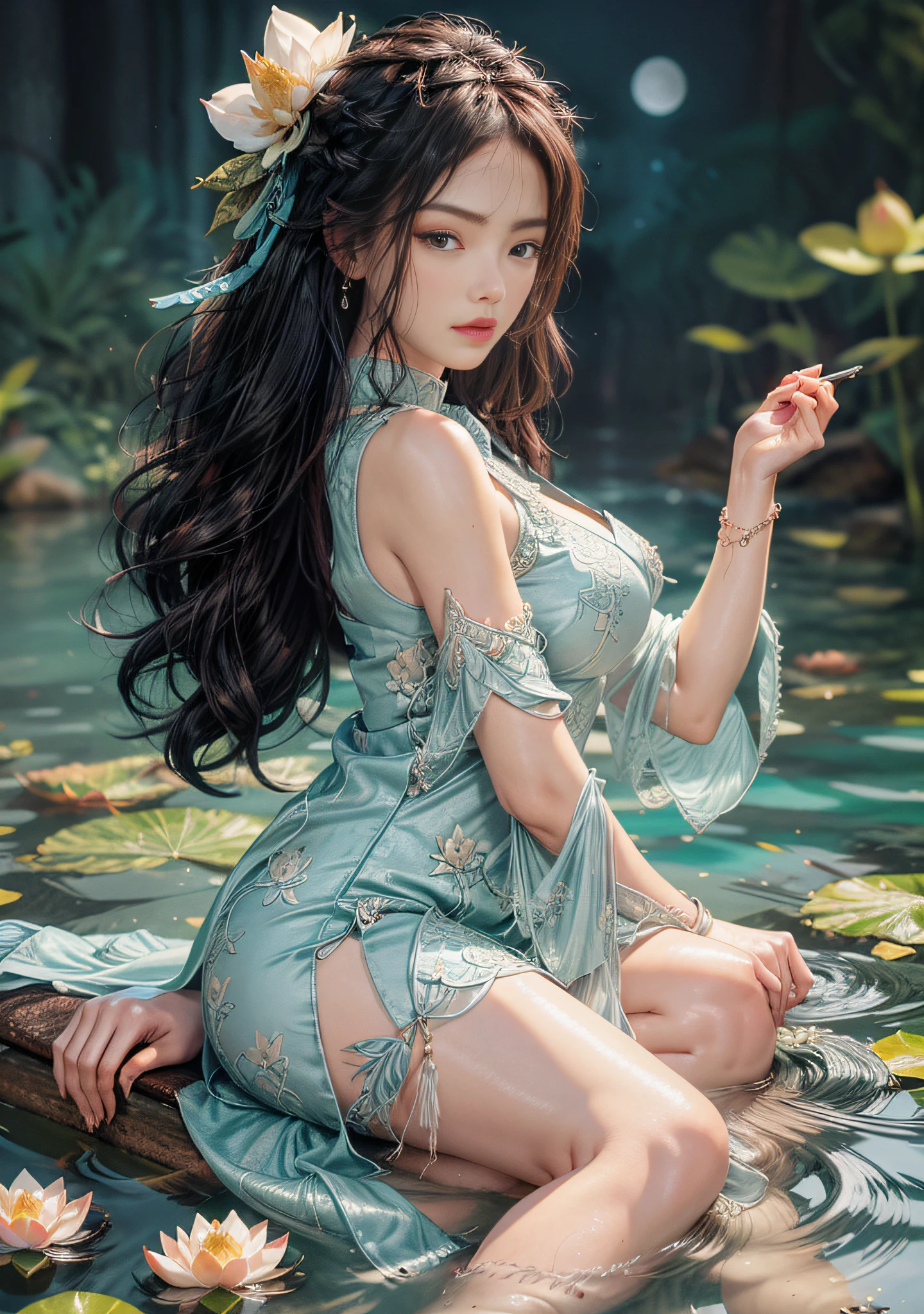 Sitting on a boat filled with lotus flowers, feet playing in the water, the art depicts a charming woman with a melon face, dressed in a flowing, silky traditional oriental dress, long, aqua blue, decorated with intricate patterns and bright colors. Her dress drapes elegantly over her curvy figure, accentuating her seductive silhouette. She sits gracefully by the tranquil lotus lake, her feet playing in the water, bathed in the soft glow of the moonlight. The scene exudes an ethereal and dreamy atmosphere, with a touch of mystery and sexiness. The graphic style blends watercolor and digital illustration techniques to evoke a refined beauty and charm. The lights are filled with soft moonlight, casting soft highlights and shadows on her charming features. Bare thighs, big breasts, three-dimensional facial features, sitting, upturned legs, side braids