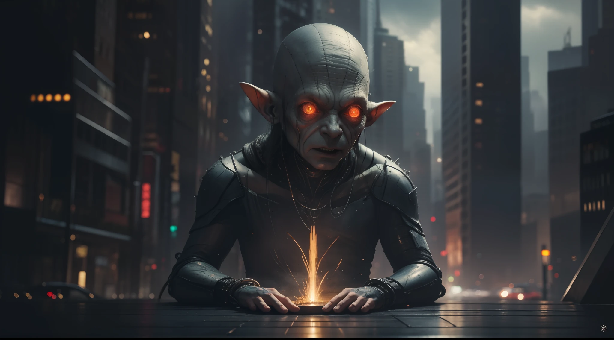 gollum with cybernetic enhancements, Lord of the Rings, J.R.R. Tolkien, in the background of the city cyberpunk, vibrant, photorealistic, hyper-realism, strong impressionist painting style, 1.618, elegant, ethereal, intricate, elaborate, hyper-realism, hyper-detailed, strong expressiveness and emotionality, cinematic lighting, visual clarity