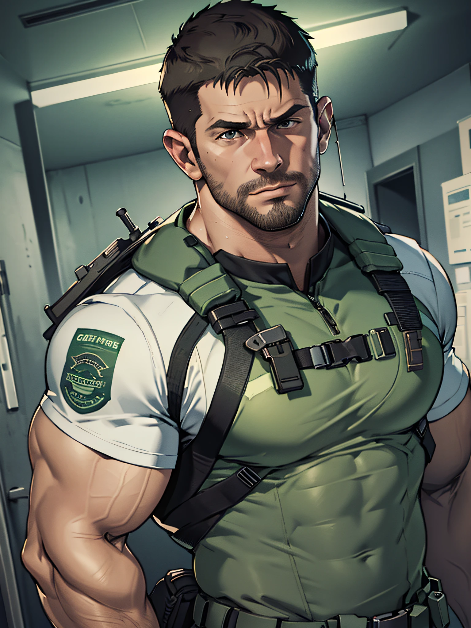 1 man, solo, 35 year old, Chris Redfield, wearing green T shirt, smirks, white color on the shoulder and a bsaa logo on the shoulder, millitary tactical suit, tall and hunk, biceps, abs, chest, best quality, masterpiece, high resolution:1.2, upper body shot, dark black gloomy hallway in the background, detailed face, shadow, volumetric lighting, center focus, low camera angle