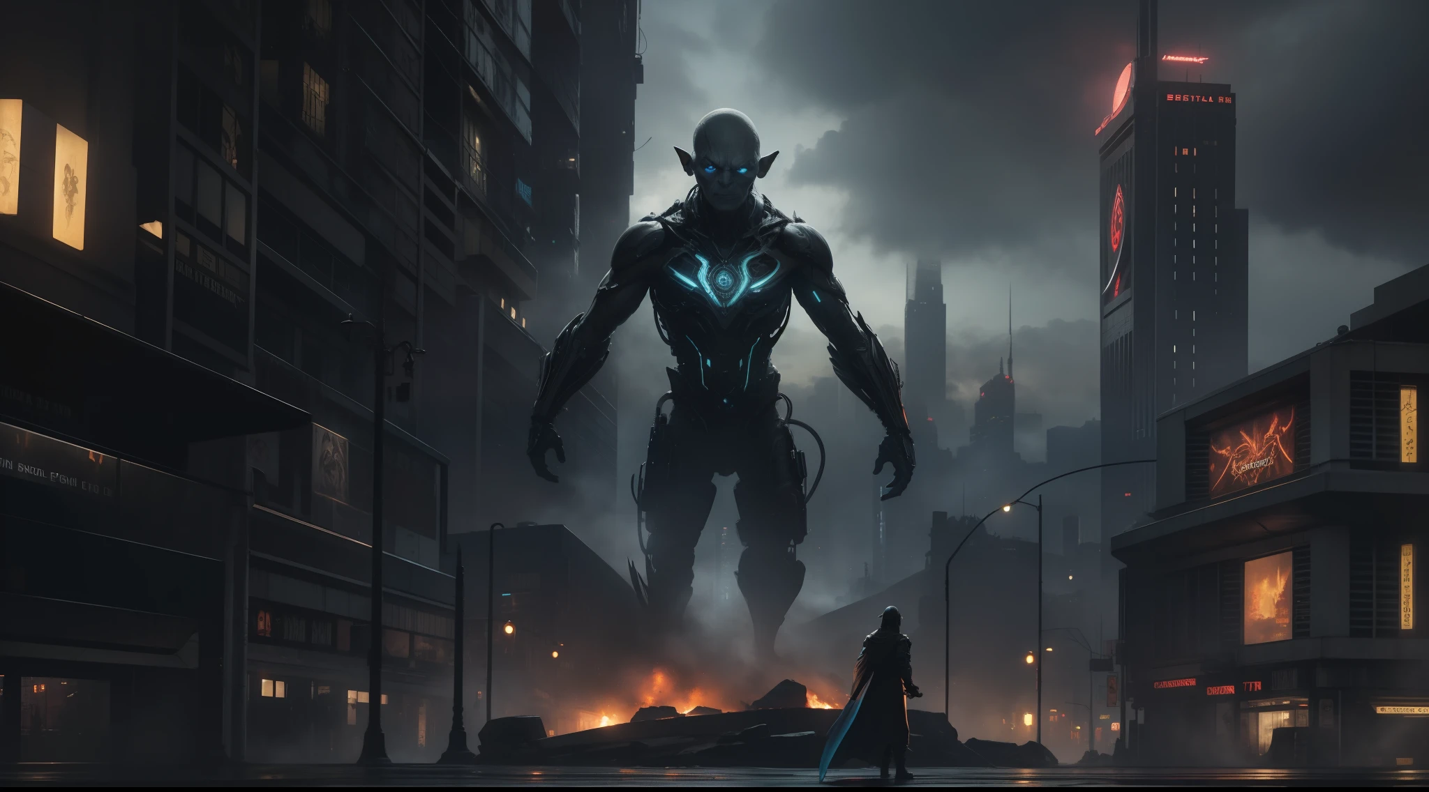 gollum with cybernetic enhancements, Lord of the Rings, J.R.R. Tolkien, in the background of the city cyberpunk, vibrant, photorealistic, hyper-realism, strong impressionist painting style, 1.618, elegant, ethereal, intricate, elaborate, hyper-realism, hyper-detailed, strong expressiveness and emotionality, cinematic lighting, visual clarity