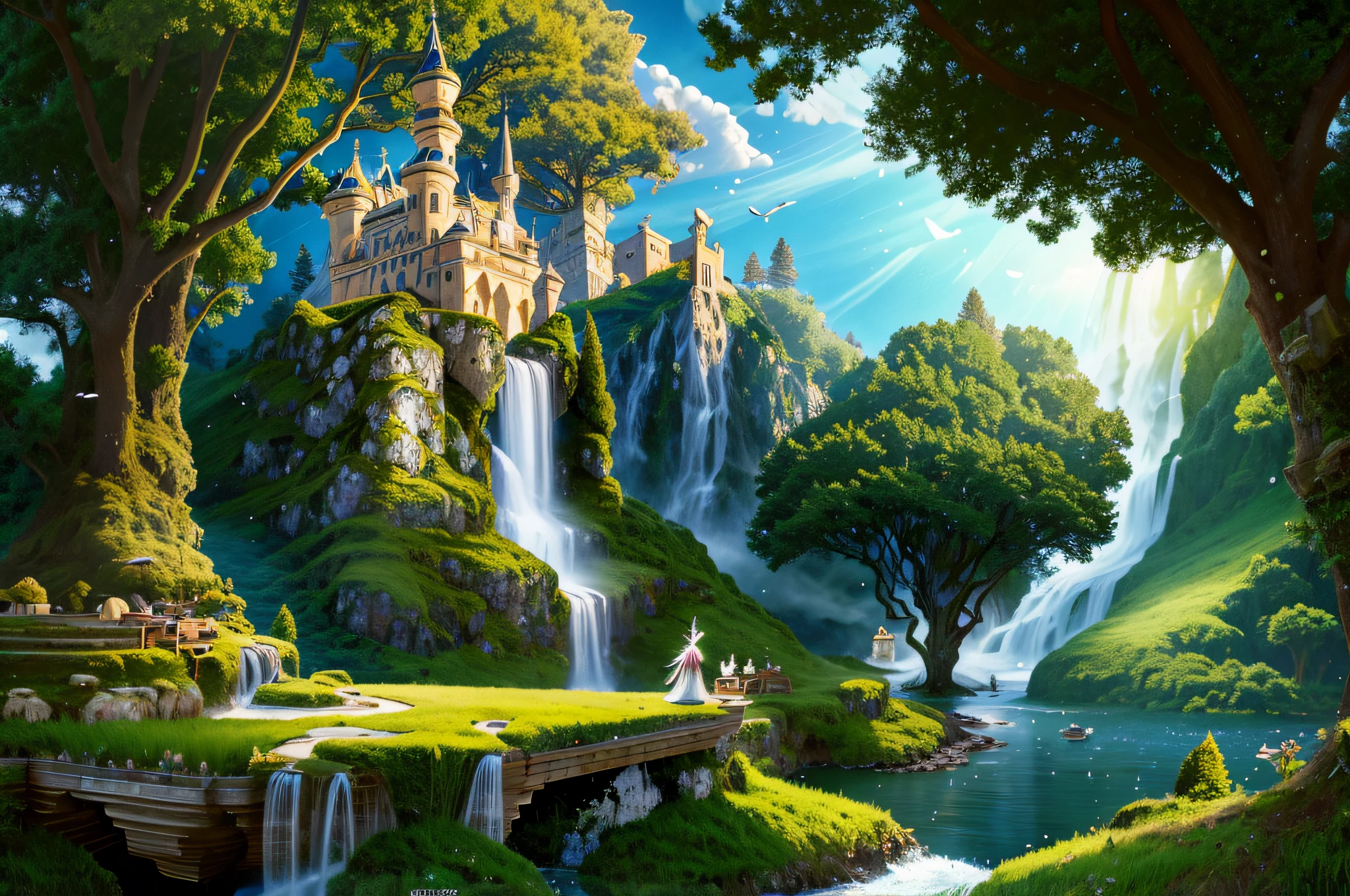 (fairy tale world), castles, floating island waterfalls, all kinds of magical creatures. Beautiful fairies, knights, elves, dwarfs. Mysterious forests, enchanted castles, fabulous kingdoms. Realism, chiaroscuro, cinematic lighting, 135mm, panorama, best quality, high details, UHD, masterpiece