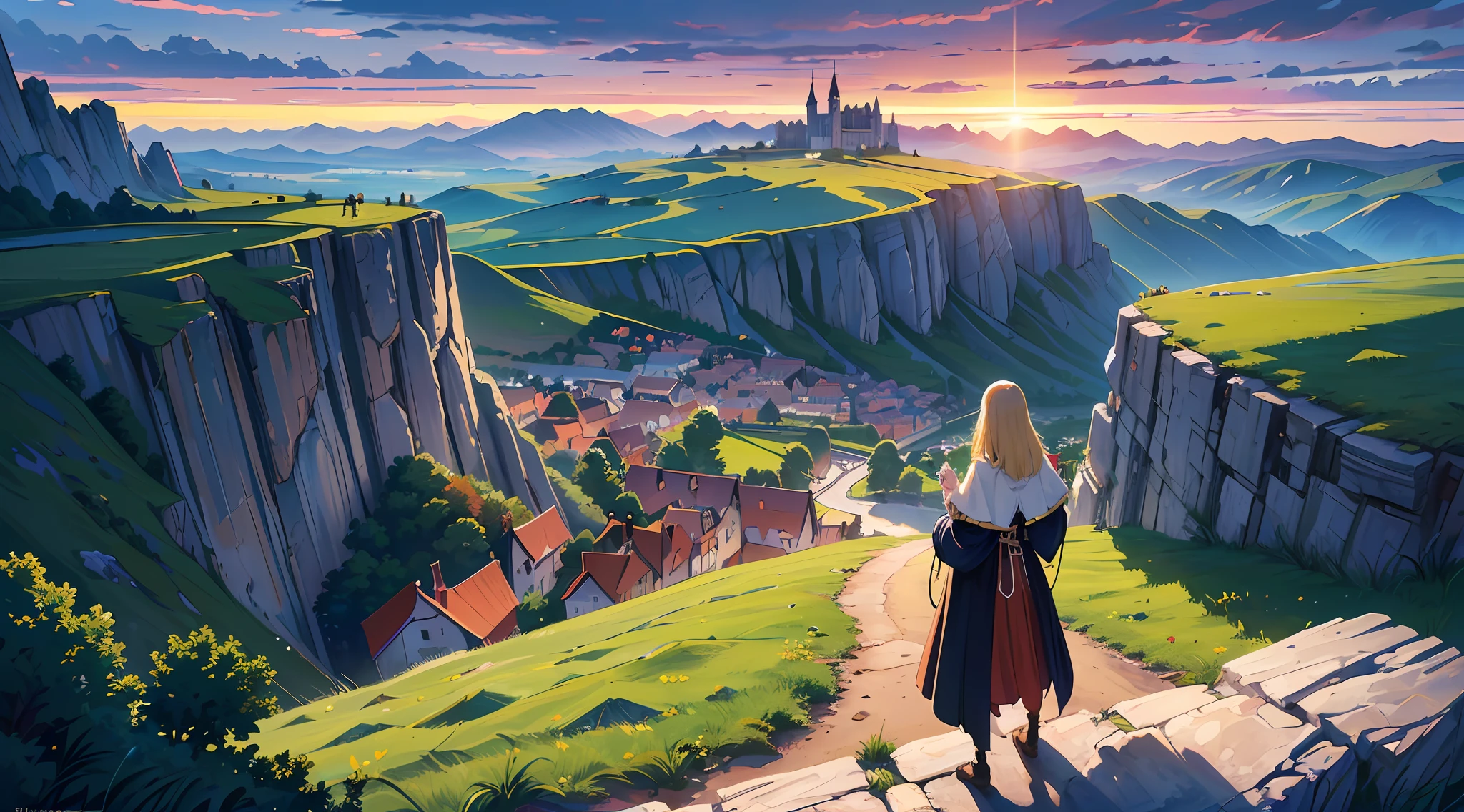 (((8k, RAW photo, top quality, masterpiece: 1.4)))), ultra high resolution, super detail, illustration, medieval women explorer, (man on the cliff: 1.2), small medieval town in the distance, landscape, distorted clouds, well made sky, medieval kingdom, townscape, imagination, outdoor, background only, (rear view: 1.2) fantastic sunrise