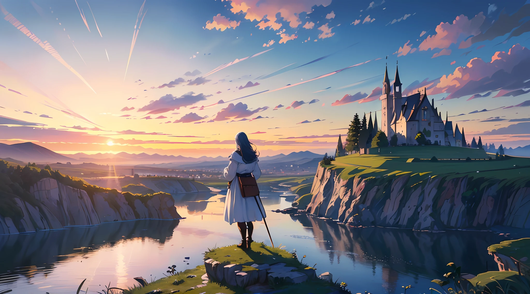 (((8k, RAW photo, top quality, masterpiece: 1.4)))), ultra high resolution, super detail, illustration, medieval women explorer, (man on the cliff: 1.2), small medieval town in the distance, landscape, distorted clouds, well made sky, medieval kingdom, townscape, imagination, outdoor, background only, (rear view: 1.2) fantastic sunrise