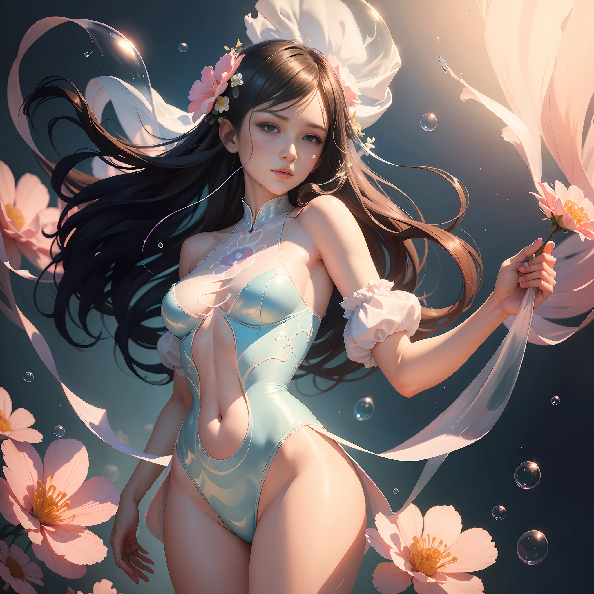 a painting of a woman with flowers and bubbles floating in the air, a fine art painting inspired by Yanjun Cheng, Artstation, figurative art, yanjun chengt, james jean and wlop, artgerm and james jean, james jean soft light 4k, james jean soft light 4 k, beautiful digital illustration, a beautiful artwork illustration, beautiful digital artwork