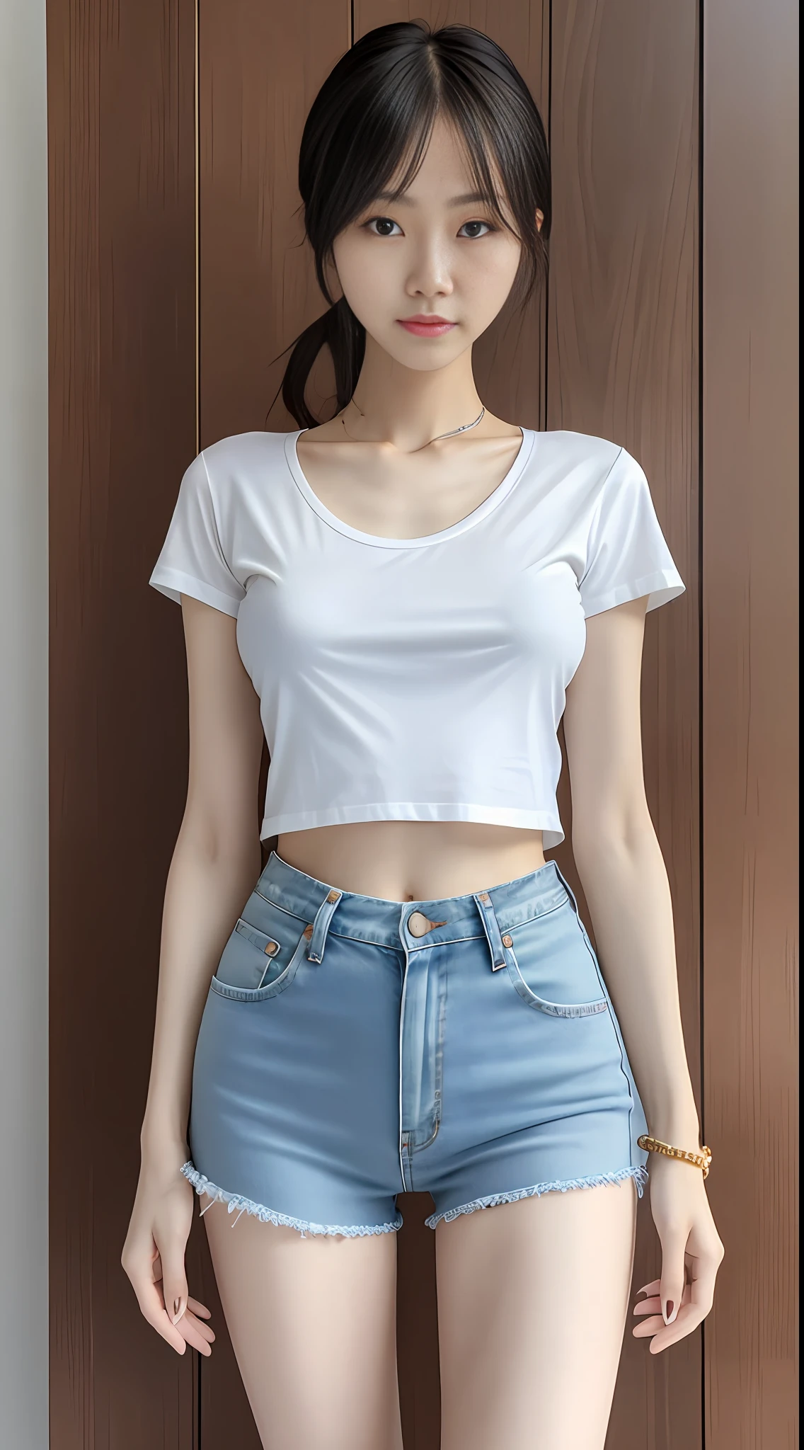 Chinese girl posing in white T-shirt and skinny denim, arms behind back, full body, with cropped T-shirt, no bra, (T-shirt with nipple bumps) slim body, smaller bust, slim girl model, 24 years old female model, delicate face, thin legs, slender long legs --auto --s2