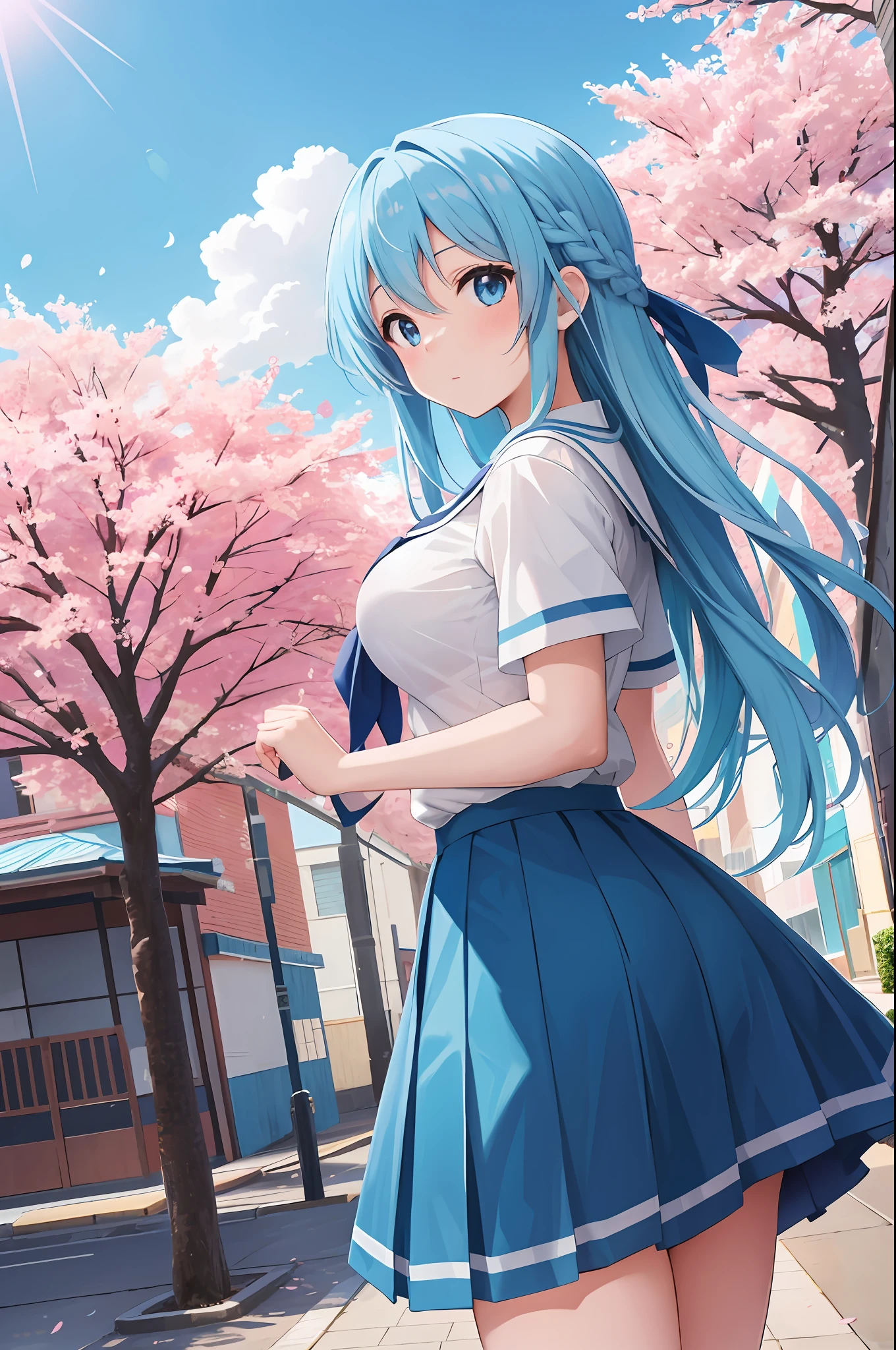 masterpiece, best quality, high resolution, extremely detailed, detailed background, cinematic lighting, 1girl_aqua_konosuba, beautiful, medium breasts, school uniform, skirt, public indecency, looking at the viewer, blue eyes, long blue hair, buildings, outdoors, cherry blossoms, bokeh.
