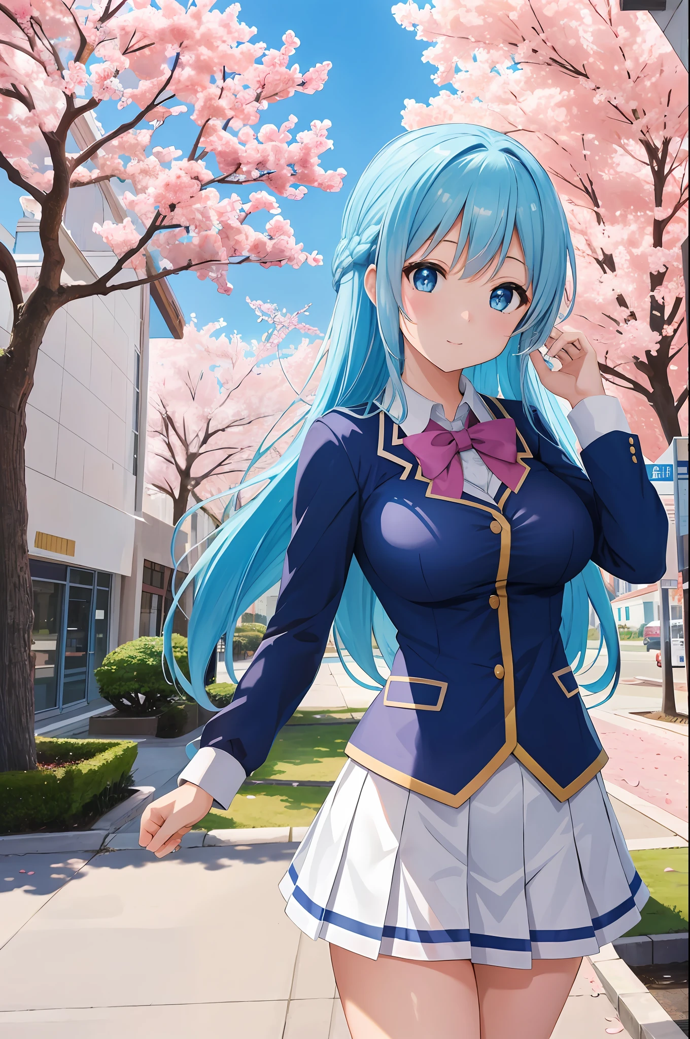 masterpiece, best quality, high resolution, extremely detailed, detailed background, cinematic lighting, 1girl_aqua_konosuba, beautiful, medium breasts, school uniform, skirt, public indecency, looking at the viewer, blue eyes, long blue hair, buildings, outdoors, cherry blossoms, bokeh.