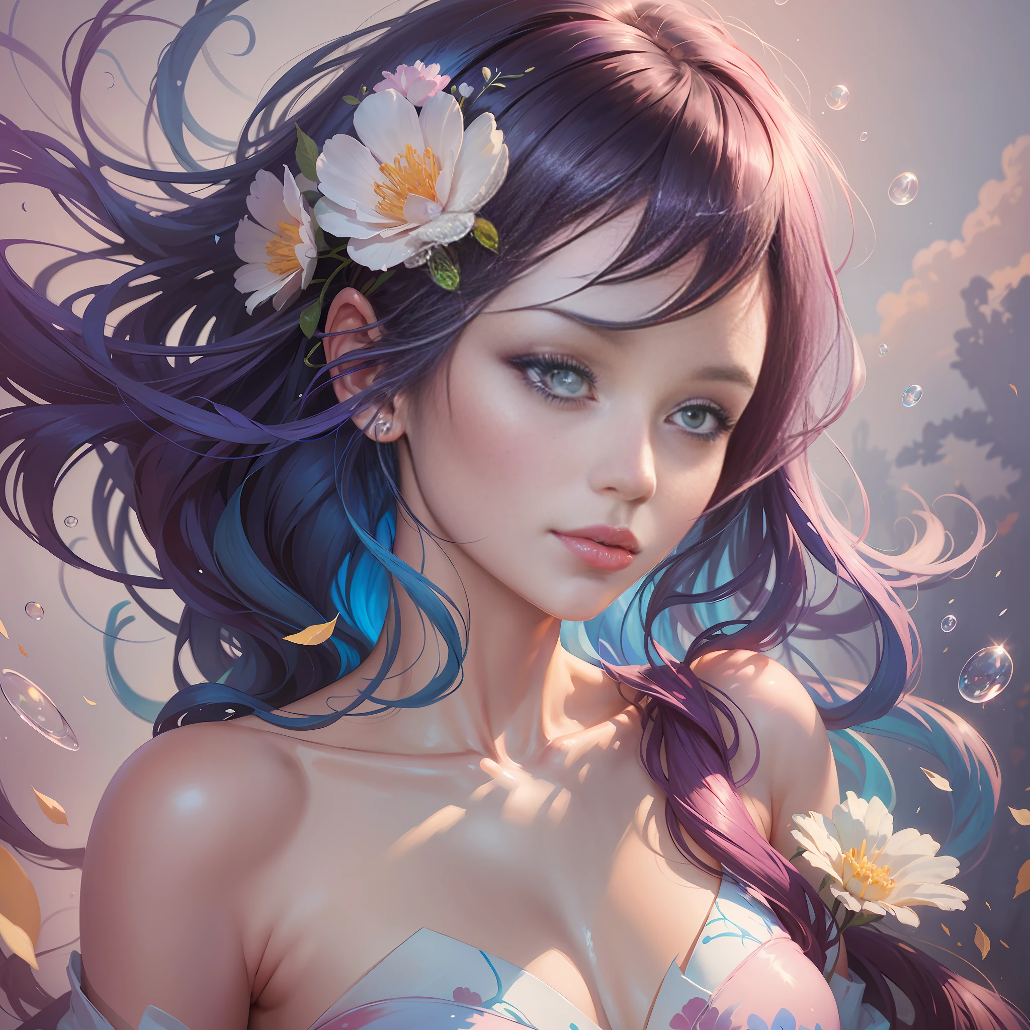 a painting of a woman with flowers and bubbles floating in the air, a fine art painting inspired by Yanjun Cheng, Artstation, figurative art, yanjun chengt, james jean and wlop, artgerm and james jean, james jean soft light 4k, james jean soft light 4 k, beautiful digital illustration, a beautiful artwork illustration, beautiful digital artwork