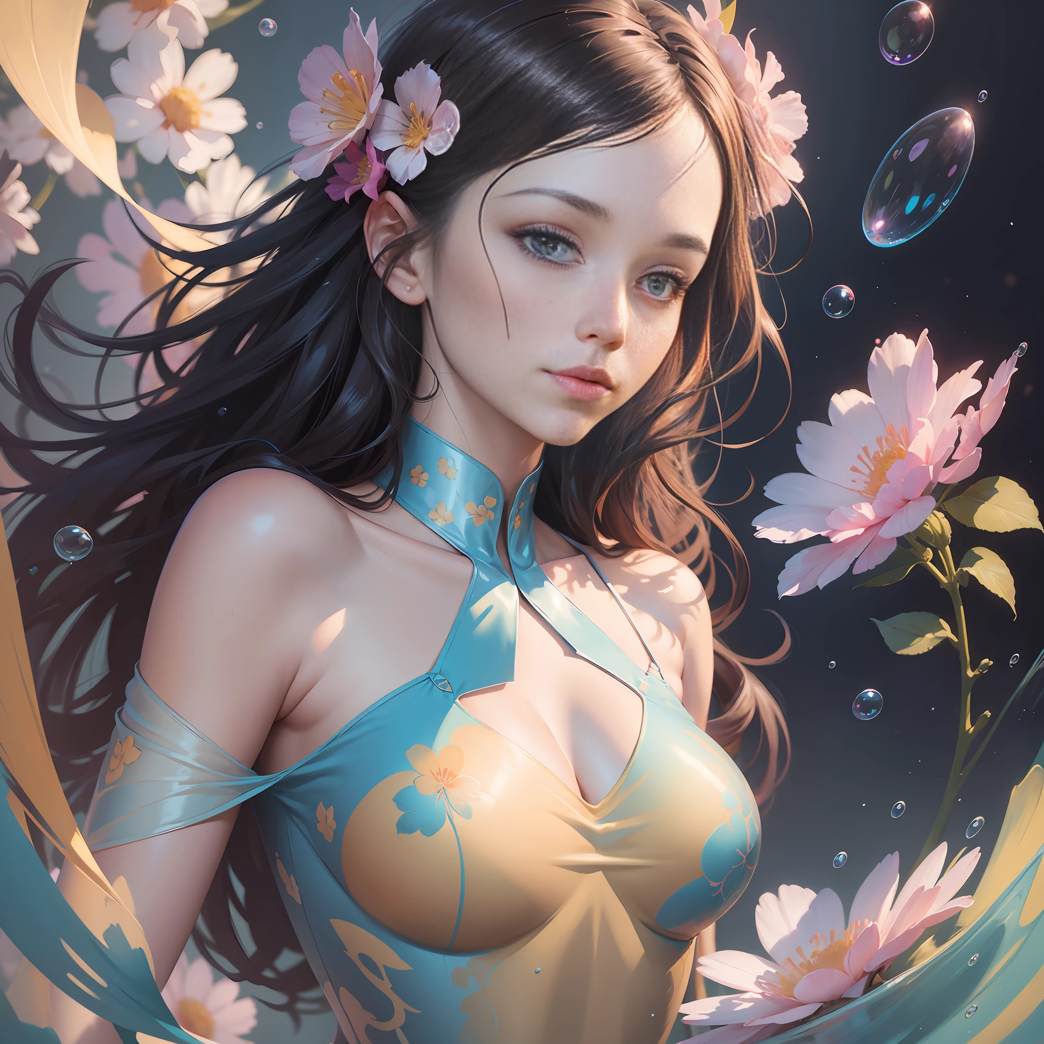 a painting of a woman with flowers and bubbles floating in the air, a fine art painting inspired by Yanjun Cheng, Artstation, figurative art, yanjun chengt, james jean and wlop, artgerm and james jean, james jean soft light 4k, james jean soft light 4 k, beautiful digital illustration, a beautiful artwork illustration, beautiful digital artwork