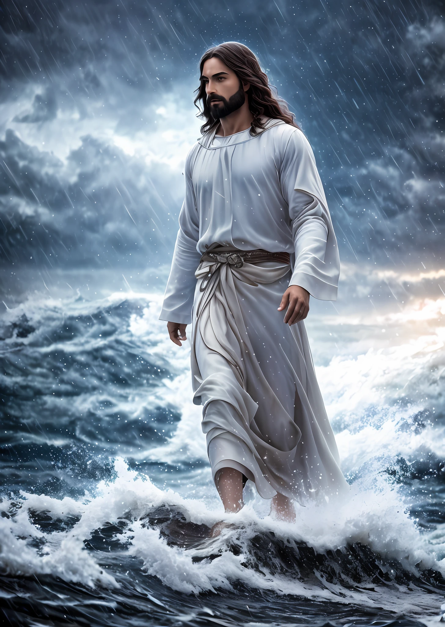 jesus walking on water in a storm, masterpiece, best quality, high quality, extremely detailed CG unit 8k wallpaper, award winning photography, Bokeh, Depth of Field, HDR, bloom, Chromatic aberration, photorealistic, extremely detailed, trending on artstation, trending on CGsociety, intricate, high detail, dramatic, mid-journey art, volumetric lighting