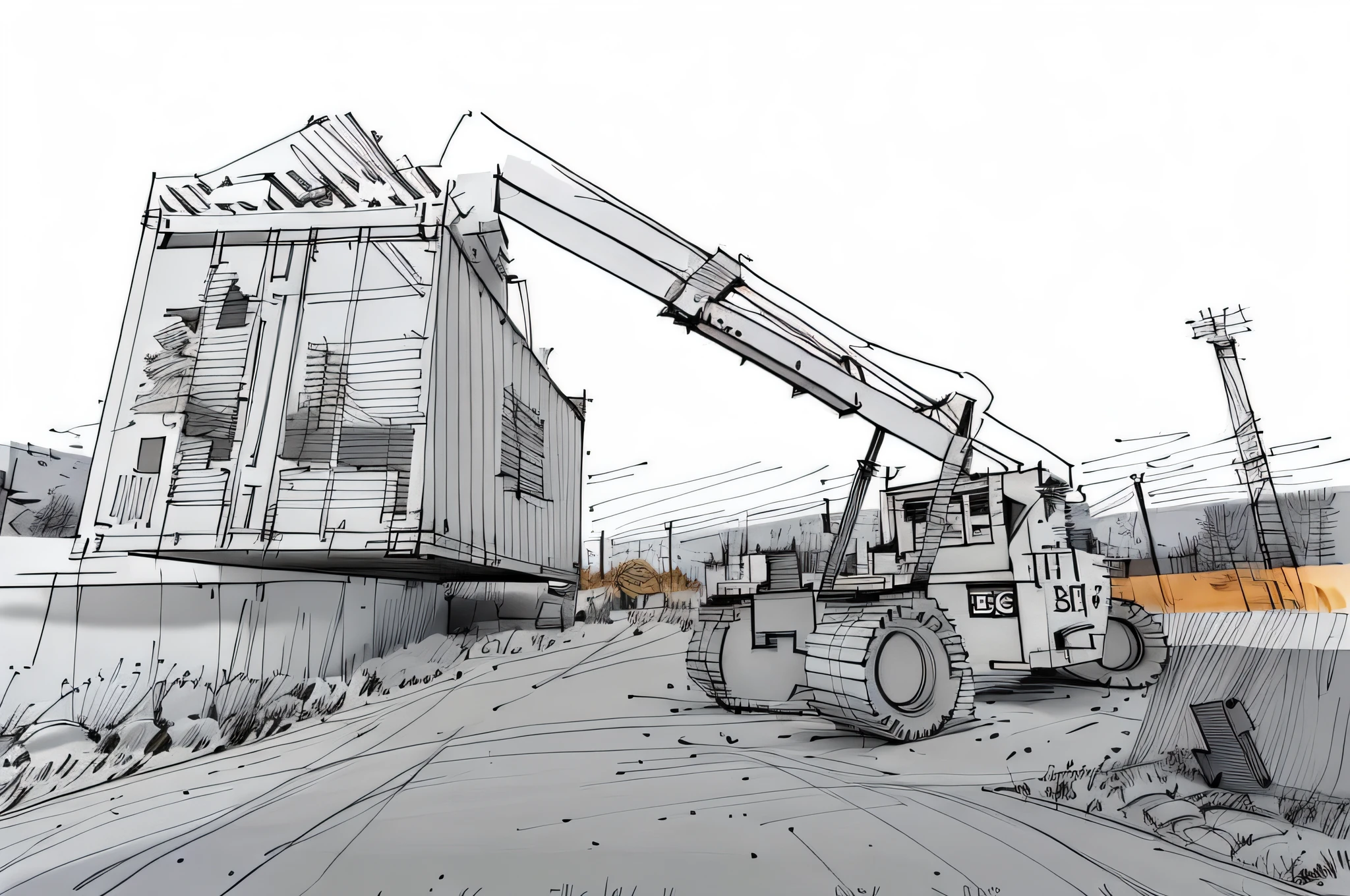 linear, gray, white background, simple background, sketch, sketch, pen_sketch_style, there is a large bulldozer that lifts the container, loading, heavy machinery, large shovel, mining scrap metal, gravel, heavy work, massive construction machines