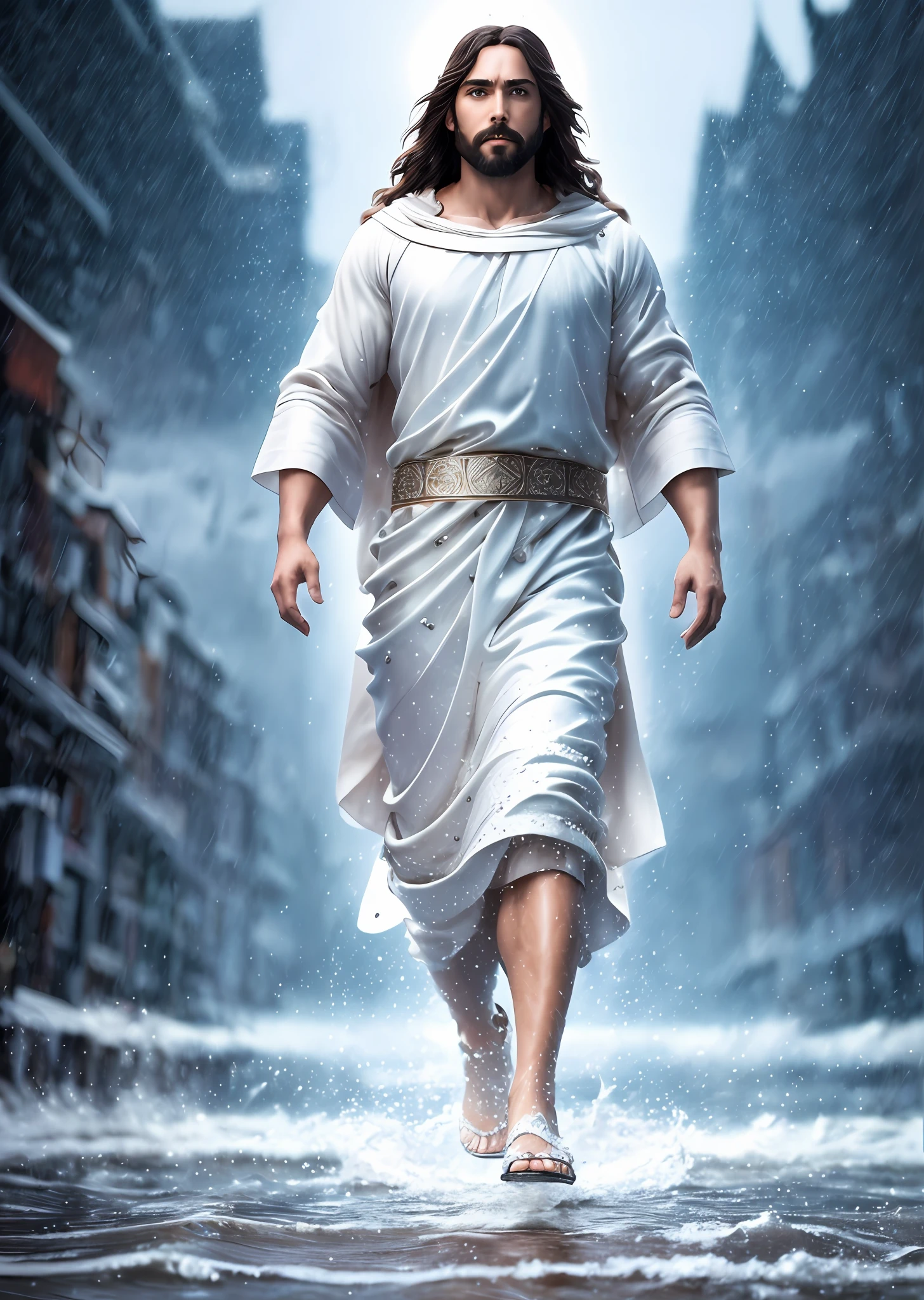 jesus walking on water in a storm, masterpiece, best quality, high quality, extremely detailed CG unit 8k wallpaper, award winning photography, Bokeh, Depth of Field, HDR, bloom, Chromatic aberration, photorealistic, extremely detailed, trending on artstation, trending on CGsociety, intricate, high detail, dramatic, mid-journey art, volumetric lighting