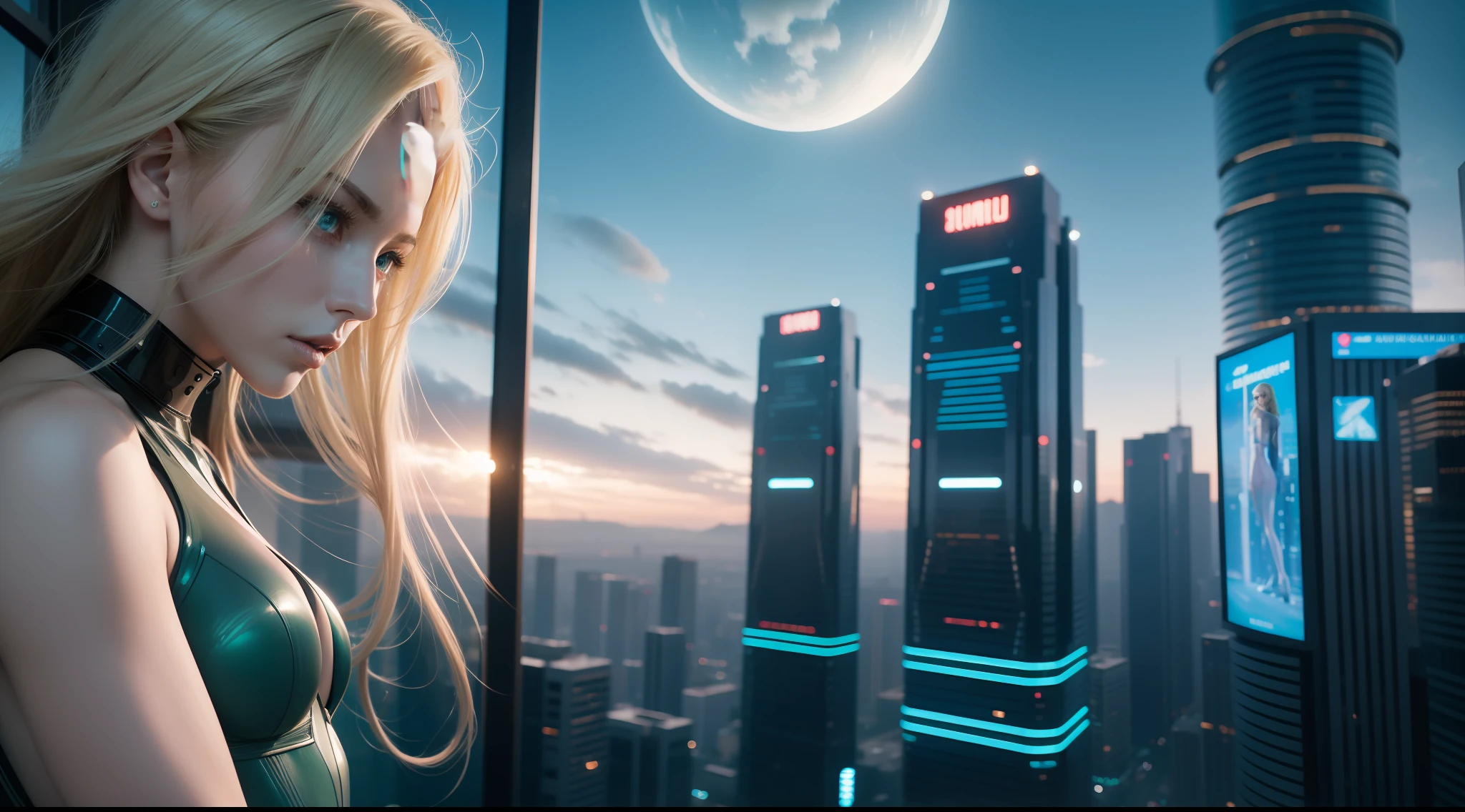 Award-winning photo from the waist up, wide-angle environmental shot, in front of futuristic buildings, sexy cyberpunk clothing, cracked porcelain skin, blonde woman, robust body, green eyes, vibrant, photorealistic, hyperrealism, strong impressionist painting style, 1,618, elegant, ethereal, intricate, elaborate, hyper-realism, hyper-detailed, strong expressiveness and emotionality, cinematic lighting, visual clarity