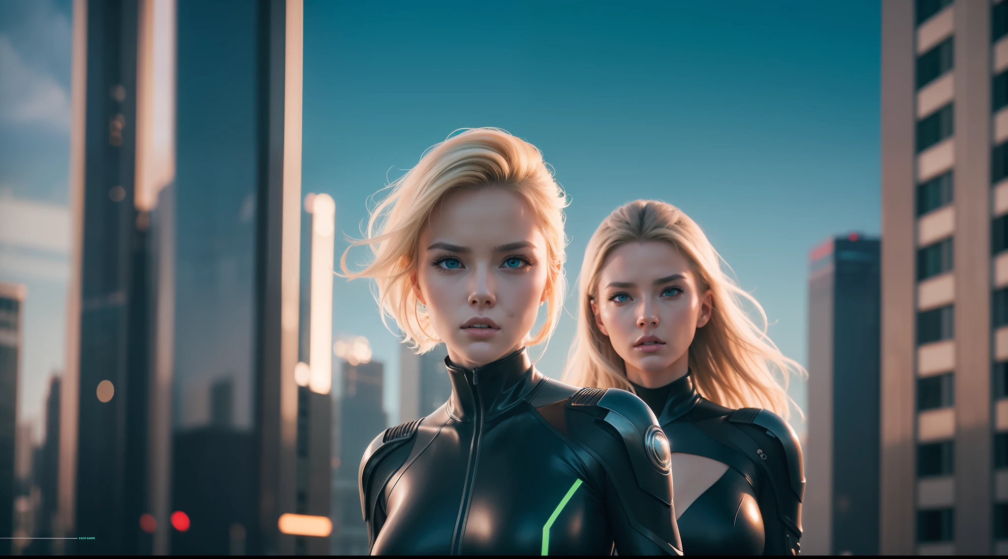 Award-winning photo from the waist up, wide-angle environmental shot, in front of futuristic buildings, sexy cyberpunk clothing, cracked porcelain skin, blonde woman, robust body, green eyes, vibrant, photorealistic, hyperrealism, strong impressionist painting style, 1,618, elegant, ethereal, intricate, elaborate, hyper-realism, hyper-detailed, strong expressiveness and emotionality, cinematic lighting, visual clarity