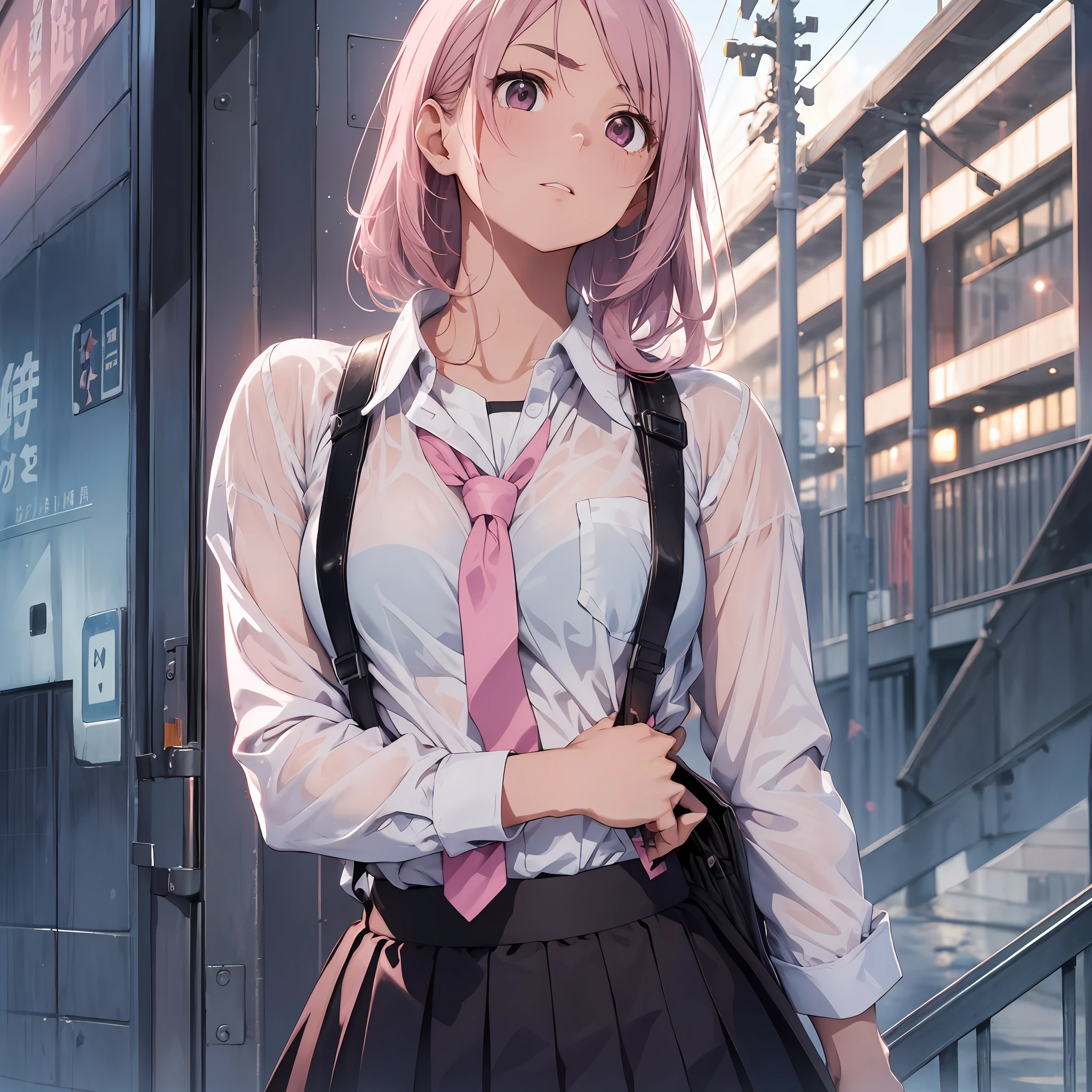 rails at sea, sea, torn school uniform showing shoulders, back, pink tie, light blue bra, black skirt with pink lines printed on top, thick eyebrows, headwind, sunset, leather backpack, (dark skin: 1.3), brown skin, movie lights, small, beautiful light pink hair, (masterpiece), ((highest quality)), (super detailed), glossy skin, , perfect body structure, perfect anatomy,