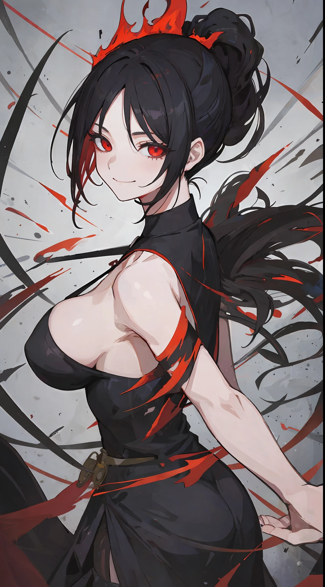 1mature girl, black ponytail hair, fiery red eyes, wears black dress medium boobs, she smile like a crazy psychopath make it like tarot anime-style but no frame