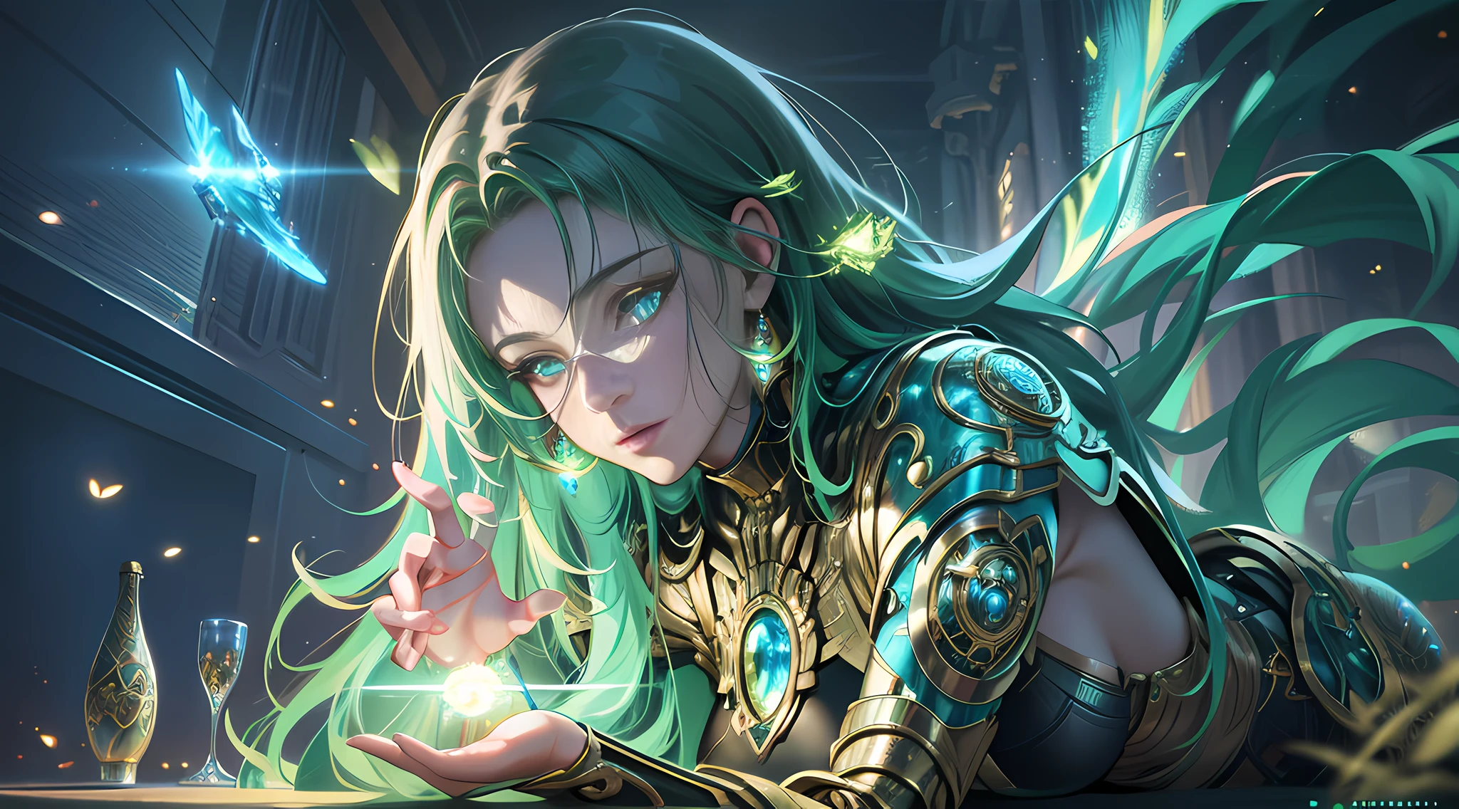 organic cyborg, gorgeous texture, diffuse lighting, luminous ornaments, light reflection, fantasy, color, glow, firefly, intricate, elegant, highly detailed, realistic, realistic, digital painting, art station, illustration, concept art, smooth, sharp focus, art by John Collier and Albert Obright and Krenz Kusart and Artem Demura