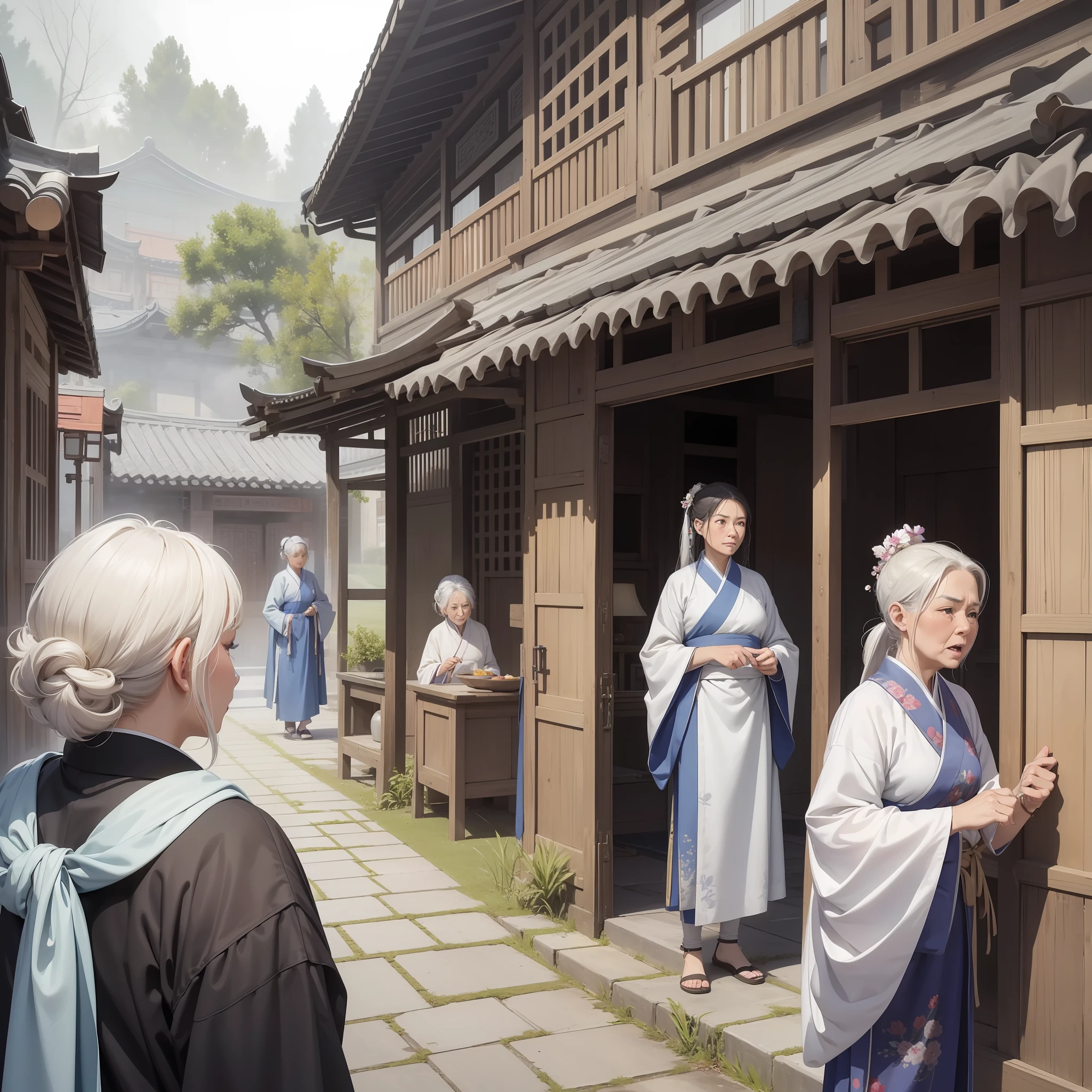 Absurd resolution, high resolution, (masterpiece: 1.4), hyper-detail, ancient China, a few gray-haired wrinkled old grandmothers standing by the door crying (1.3) (background is a fire as tall as a person 1.5), crying (1.2), wearing shabby Chinese Hanfu 1.3 (upper body display 1.5) (a row of people 1.5) (many people 1.5) (people coming and going 1.5) (crowd 1.5)