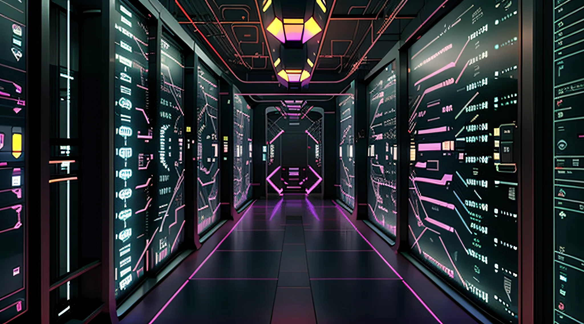 a dimly lit hallway with rows of data and computer screens, background is data server room, hacking into the mainframe, cyber space, in realistic data center, 3840x2160, 3840 x 2160, spaceship hallway background, cyber architecture, surreal cyberspace, in detailed data center