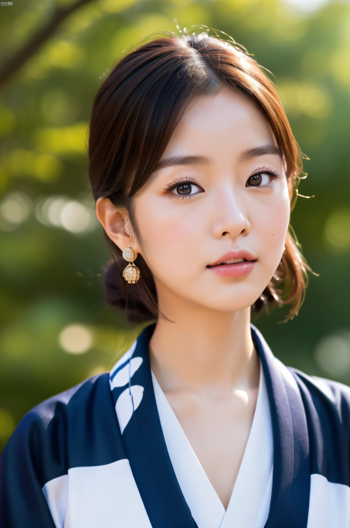((Top Quality, 8K, Masterpiece: 1.3)), Sharp Focus: 1.2, (Super Beautiful Face: 1.0), (Slender Abs Beauty: 1.0), (Shiny Skin: 1.0), Realistic Photography, Black Hair, Realistic Pupils, Video Lighting, High Definition Eyes and Face, Video Lighting, (Cowboy Shot: 1.3), kimono, hakama, obi, (Korean Cute Actress), in nature, traditional kimono, happy, Looking at the audience, head on, medium breasts, japanese model