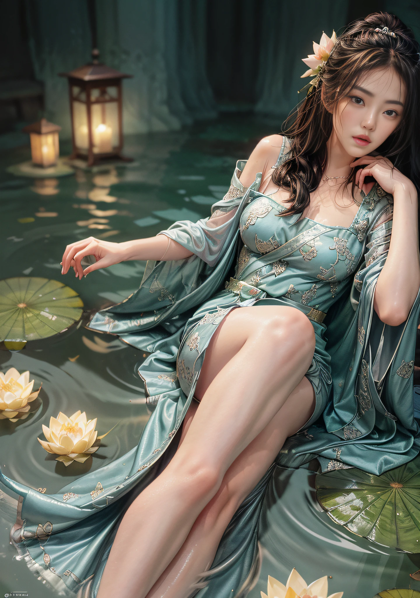 Sitting by a lake full of lotus flowers, feet playing in the water, the art depicts a charming woman with a melon face, dressed in a flowing, silky traditional oriental dress, long, aqua blue, decorated with intricate patterns and bright colors. Her dress drapes elegantly over her curvy figure, accentuating her seductive silhouette. She sits gracefully by the tranquil lotus lake, her feet playing in the water, bathed in the soft glow of the moonlight. The scene exudes an ethereal and dreamy atmosphere, with a touch of mystery and sexiness. The graphic style blends watercolor and digital illustration techniques to evoke a refined beauty and charm. The lights are filled with soft moonlight, casting soft highlights and shadows on her charming features. Bare thighs, big breasts, three-dimensional facial features, sitting, upturned legs, side braids