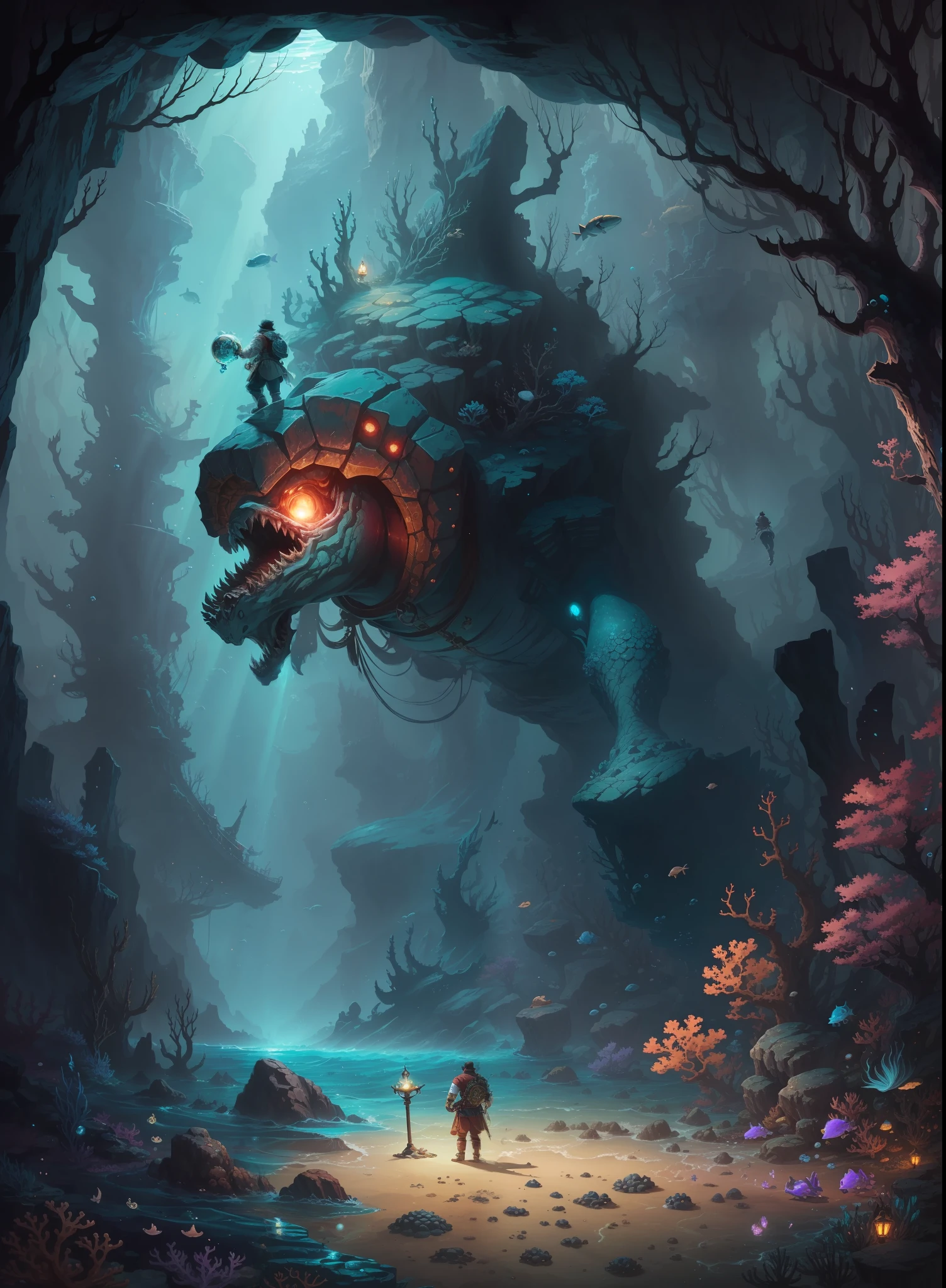 (masterpiece, top quality, best quality, anime illustration, official art, beautifully aesthetic, detailed drawing, 1man: 1.5), (very beautiful and strong man: 1.5), (adventurer, swordsman, wizard, thief: 1.3), fractal pattern, (dark seabed, horror taste: 1.5), Man exploring undersea cave, (undersea cave exploration, treasure hunt), aquatic monster, darkness, undersea, deep sea fish, coral, bubbles, treasure, treasure chest, (clean hands), correct human body structure