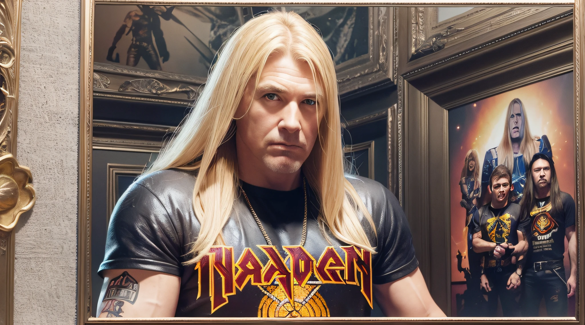 best quality, ultra high resolution, (photorealistic: 1.4), men LONG BLONDE HAIR, a poster of a band with a torch in hand, iron maiden album cover, iron maiden, maiden, the wicker man, manowar album, thunder man, power metal album cover, heavy metal album cover, 1 9 8 0's heavy metal album art, promotional art,  Metal album cover, Manowar album cover, cheesy Iron Maiden motifs