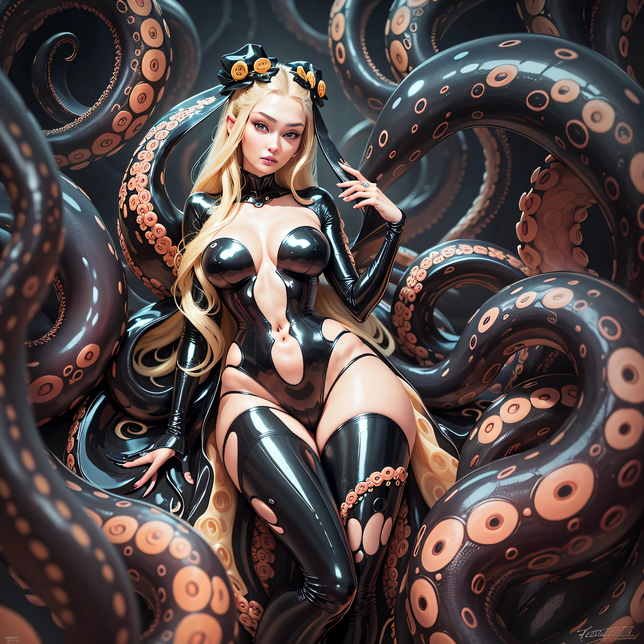 Gigi Hadid and Bella Hadid, big, beautiful octopus woman Anatomy, tentacle creature mix, full body, some tentacles touching her, blonde italian, (realistic:1.4), best quality, ultra high resolution, 4k, instagram, very detailed, full body, , octopus tentacles, in a black top and a black evening dress tentacle monster,octopus goddess, posing, these octopus tentacles are her legs, it's her limbs, her black tentacles are fidgeting, she's wearing a black one Atsuko kudo latex outfit covered with tentacles, gigantic oily tentacles, huge tentacles, big tentacles sneaking around, latex --auto --s2