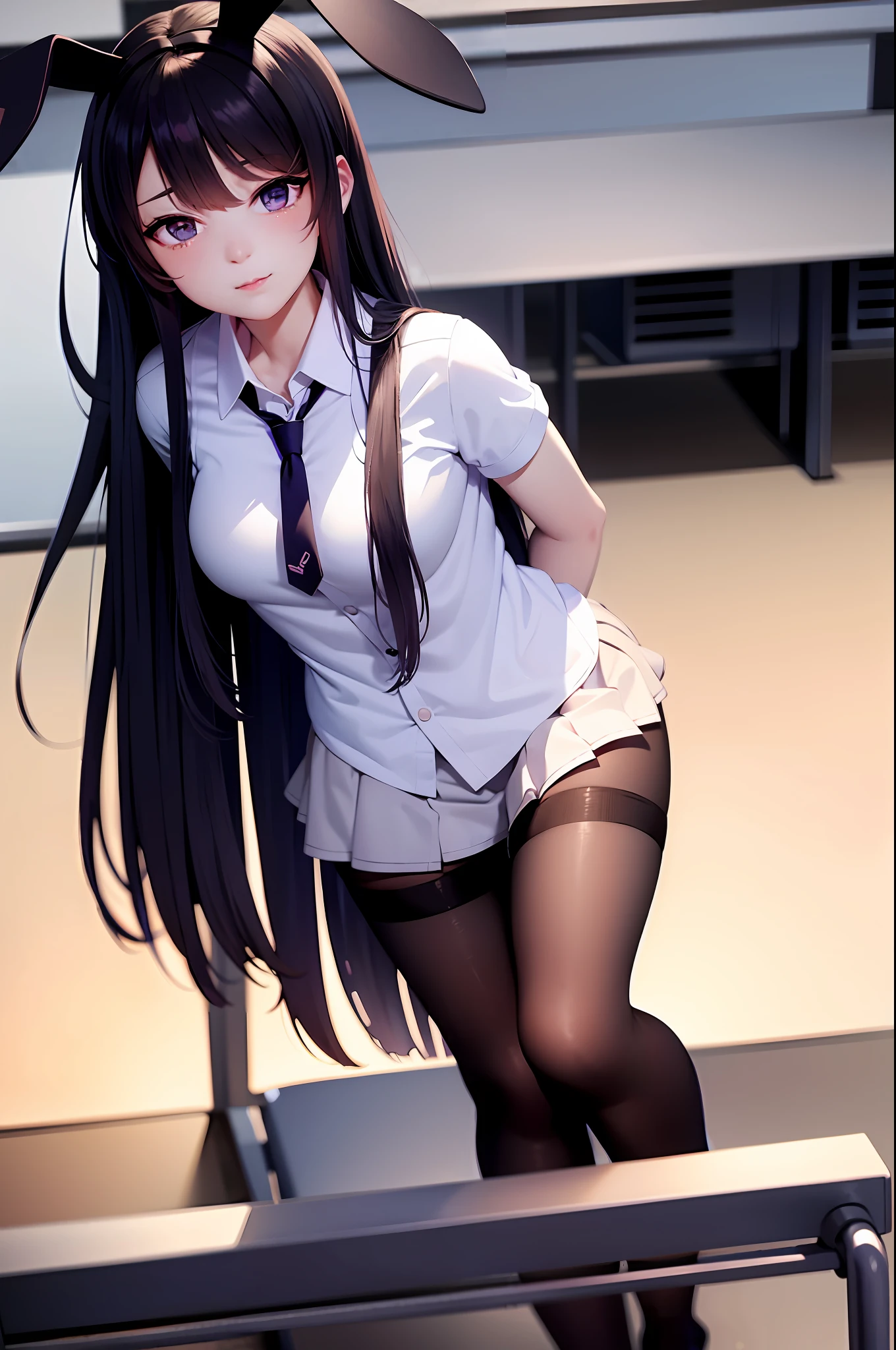 Bunny girl, school uniform, white shirt, , tie, stockings, hips, best quality