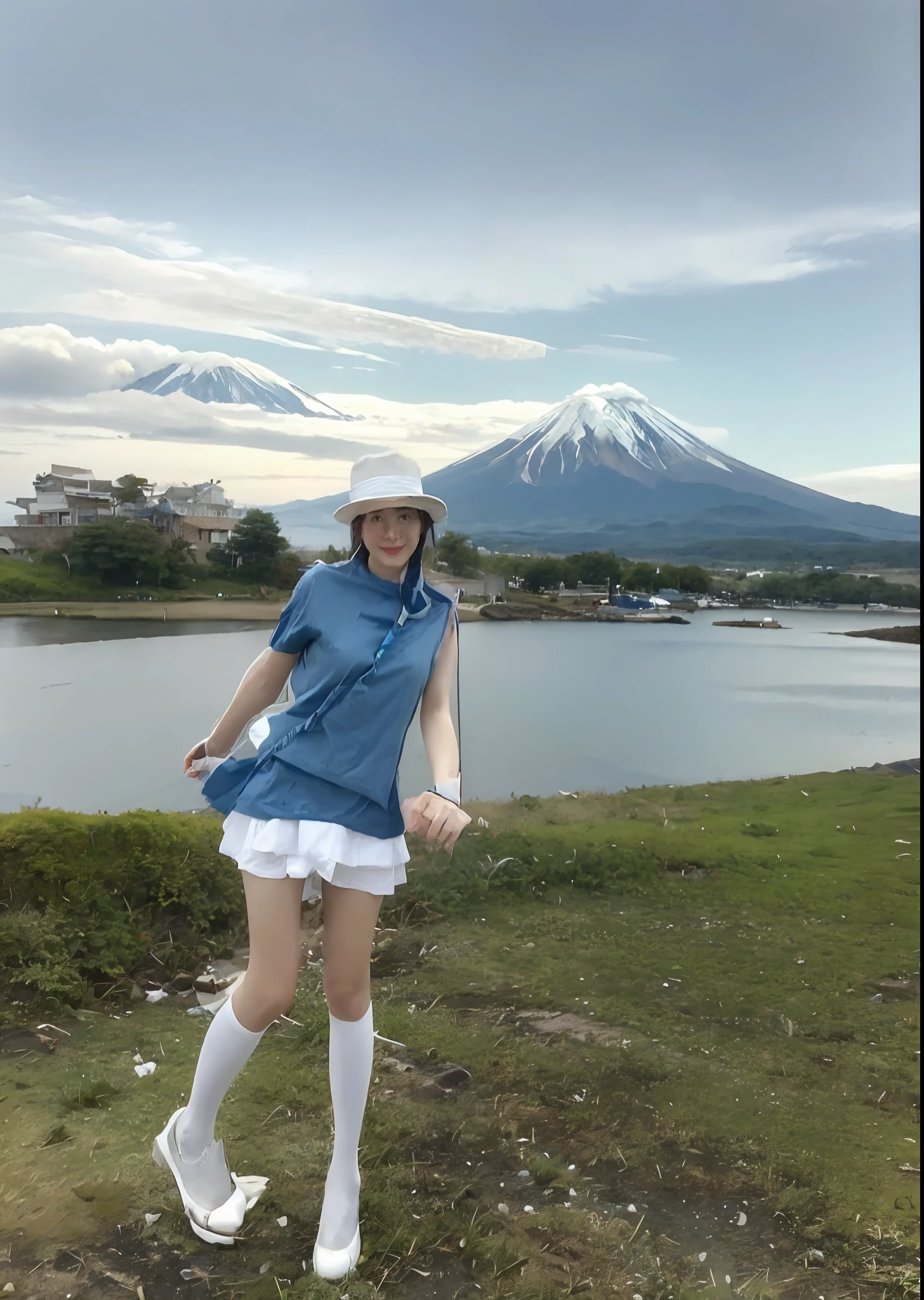arafed woman in a blue shirt and white skirt and a hat, 8k)), mount fuji in the background, 奈良美智, with a volcano in the background, chiho, けもの, 🚿🗝📝, sakimichan, with mountains in the background, moutain in background