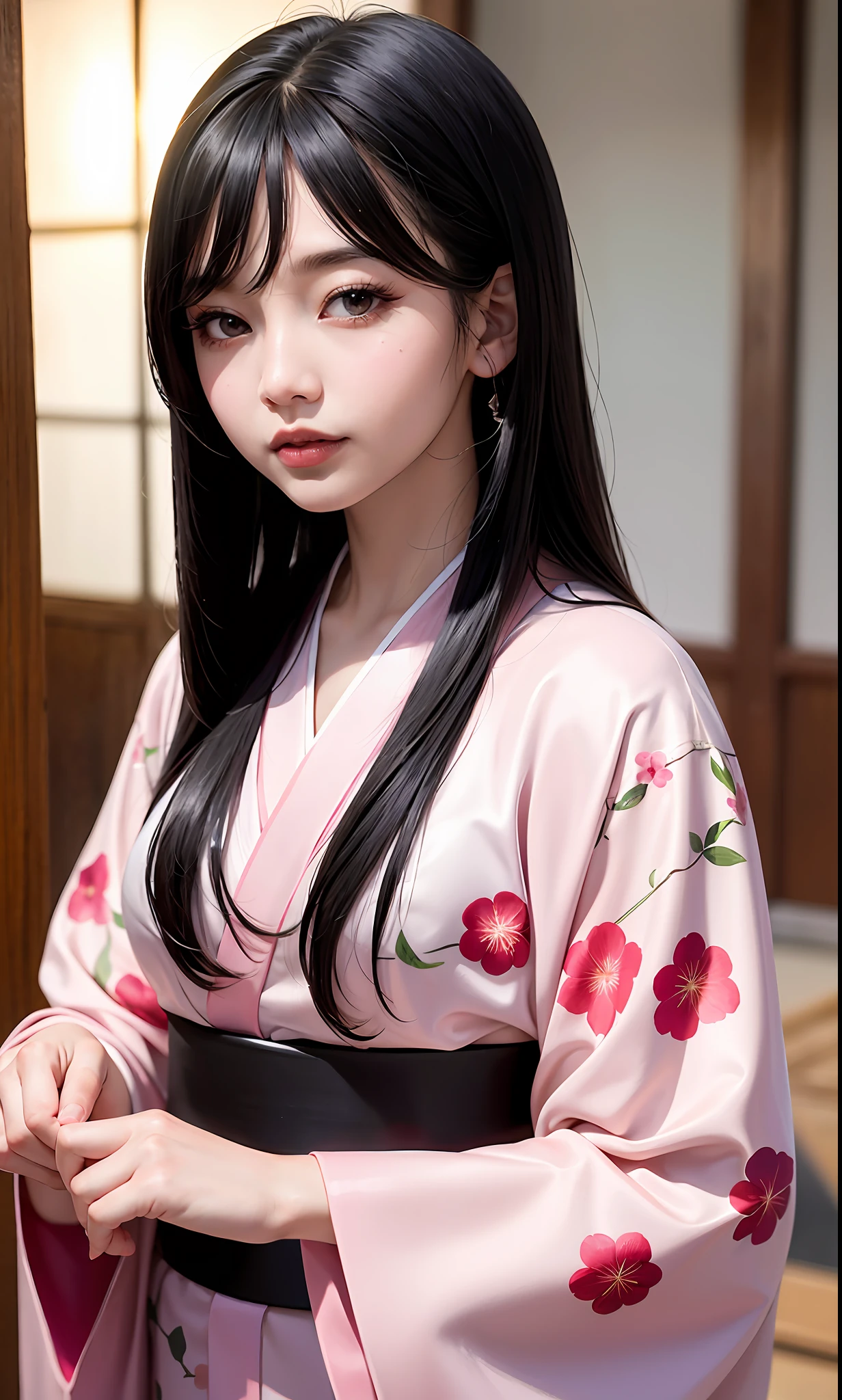 (8k, RAW, photorealistic: 1.25), (lip gloss, eyelashes, black hair long straight hair, shiny face, kimono with cherry blossom pattern, fan in hand, shiny skin, best quality, ultra high resolution, depth of field, chromatic aberration, caustics, wide lighting, natural shading, Kpop idol), Japan old town, summer festival, shrine, forest