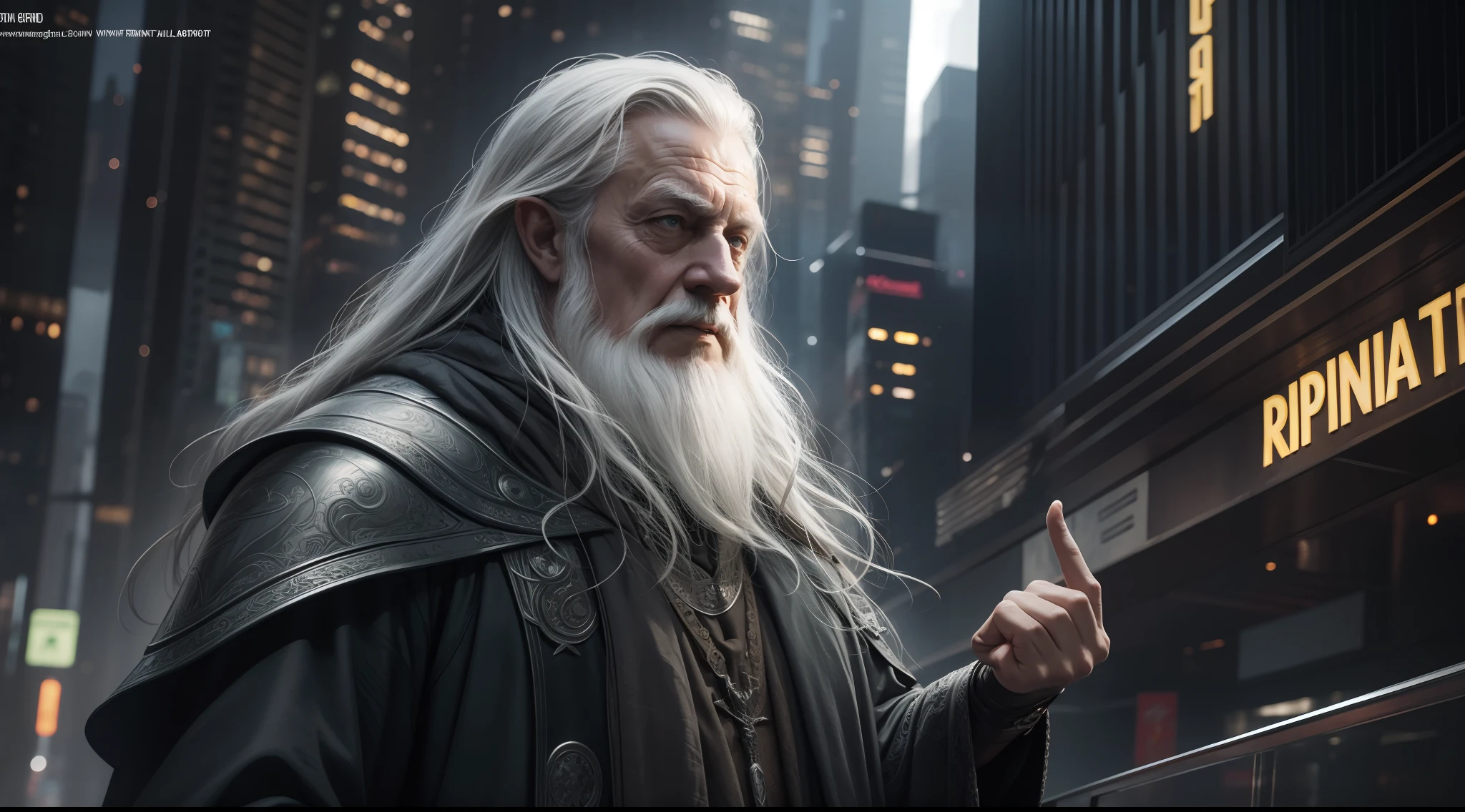 gandalf the Grey, with cybernetic enhancements, Lord of the Rings, J.R.R. Tolkien, cyberpunk city background, vibrant, photorealistic, hyperrealism, strong impressionist painting style, 1,618, elegant, ethereal, intricate, elaborate, hyper-realism, hyper-detailed, strong expressiveness and emotionality, cinematic lighting, visual clarity