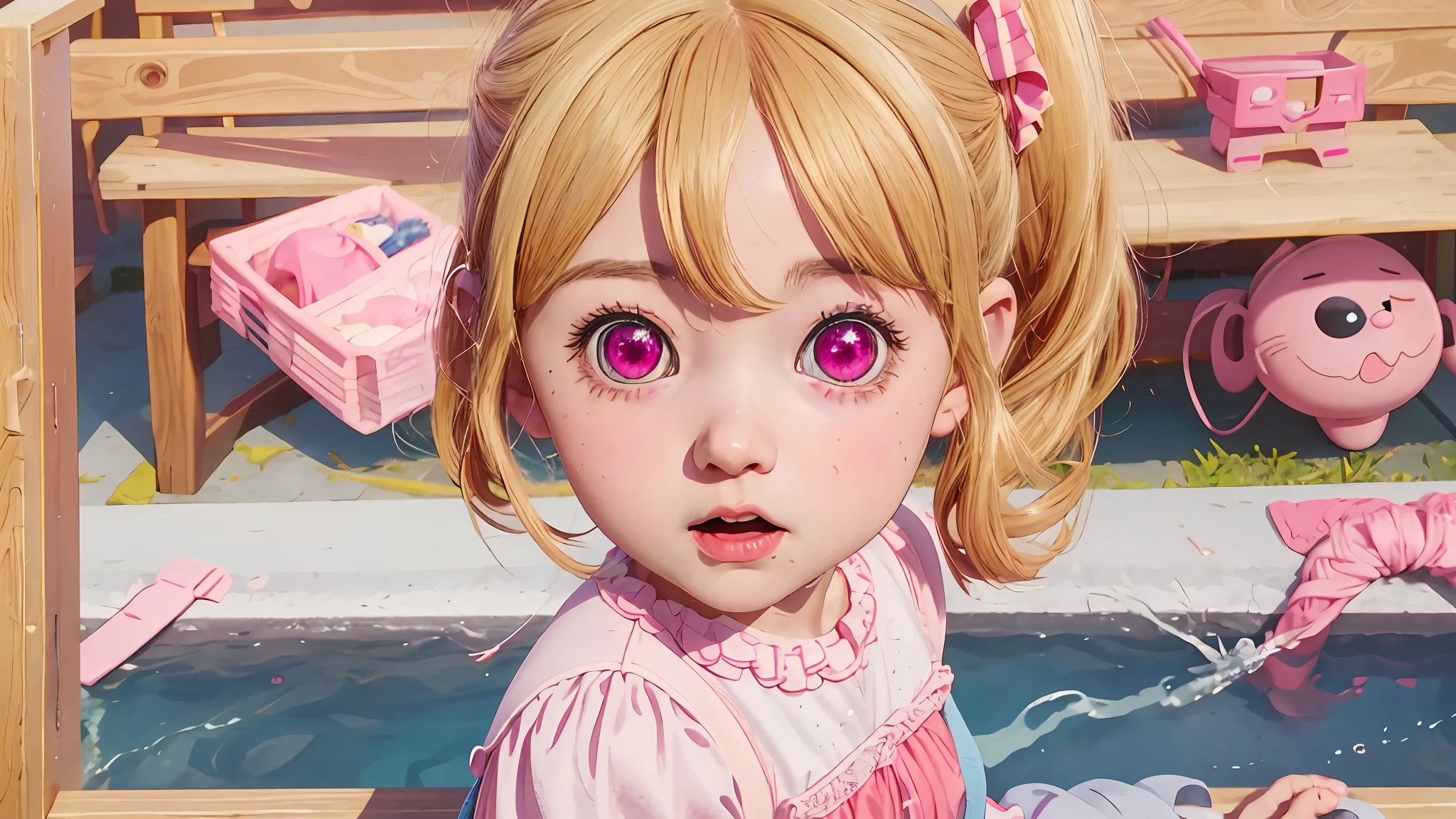 Close-up portrait of a person with a surprised expression, anime visual of a cute girl, Hoshino Ruby, loli, realistic, 3d, CG, live-action adaptation, little loli girl, splash art anime loli, cute cute girl, short hair,  clothes, babyibi character, chibi, side ponytail,